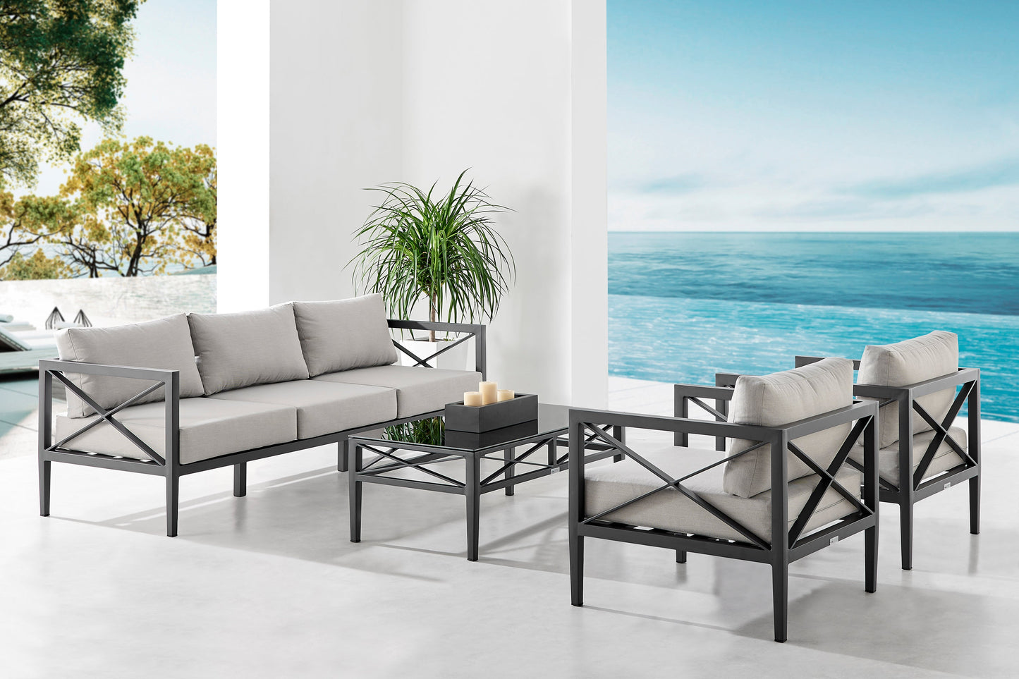 Sonoma Outdoor 4 piece Set in Dark Gray Finish and Light Gray Cushions