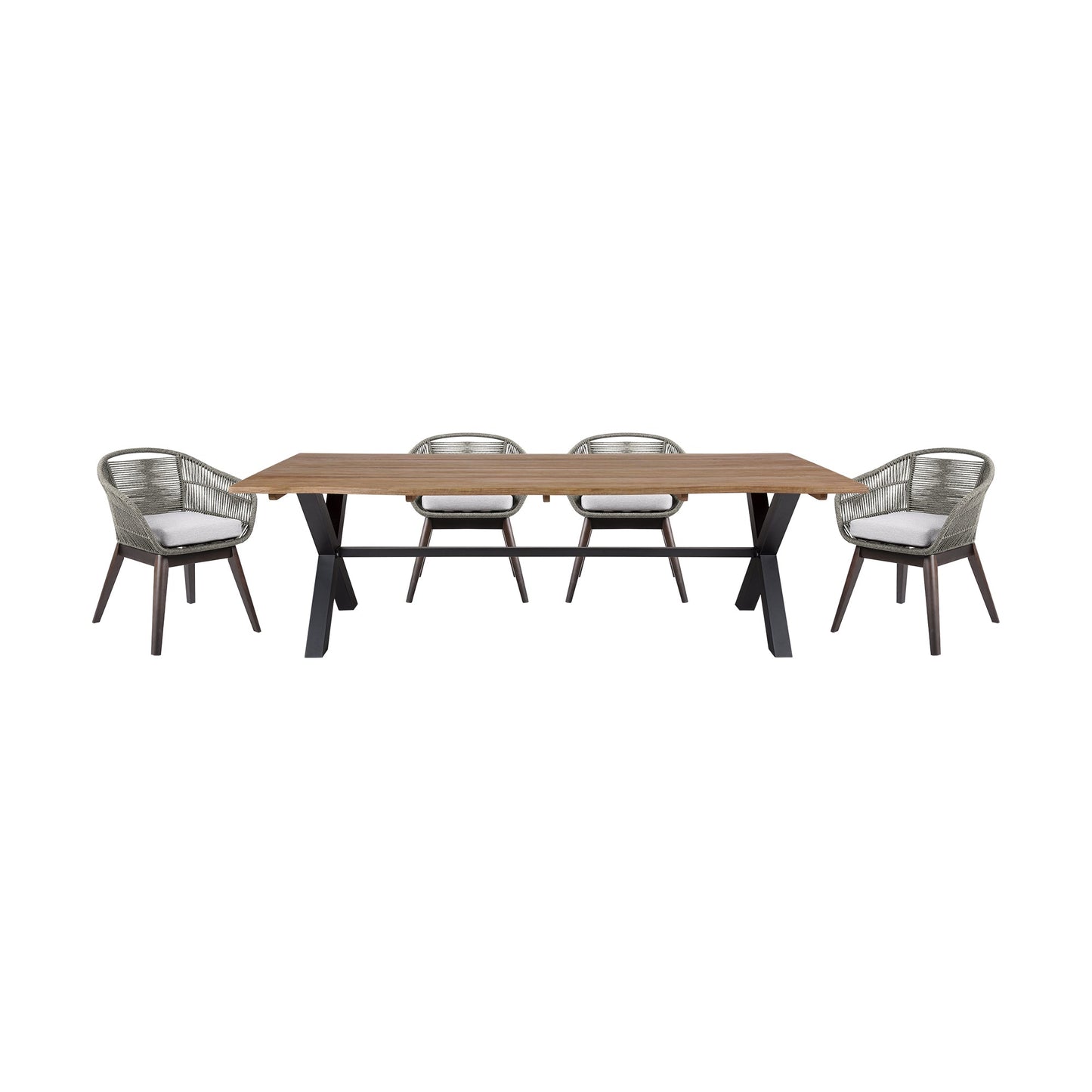 Glendora Tutti Frutti Outdoor Patio 5 Piece Live Edge Dining Set in Eucalyptus Wood Gray Rope and Cushions