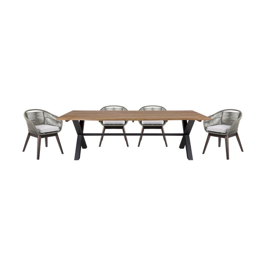 Glendora Tutti Frutti Outdoor Patio 5 Piece Live Edge Dining Set in Eucalyptus Wood Gray Rope and Cushions