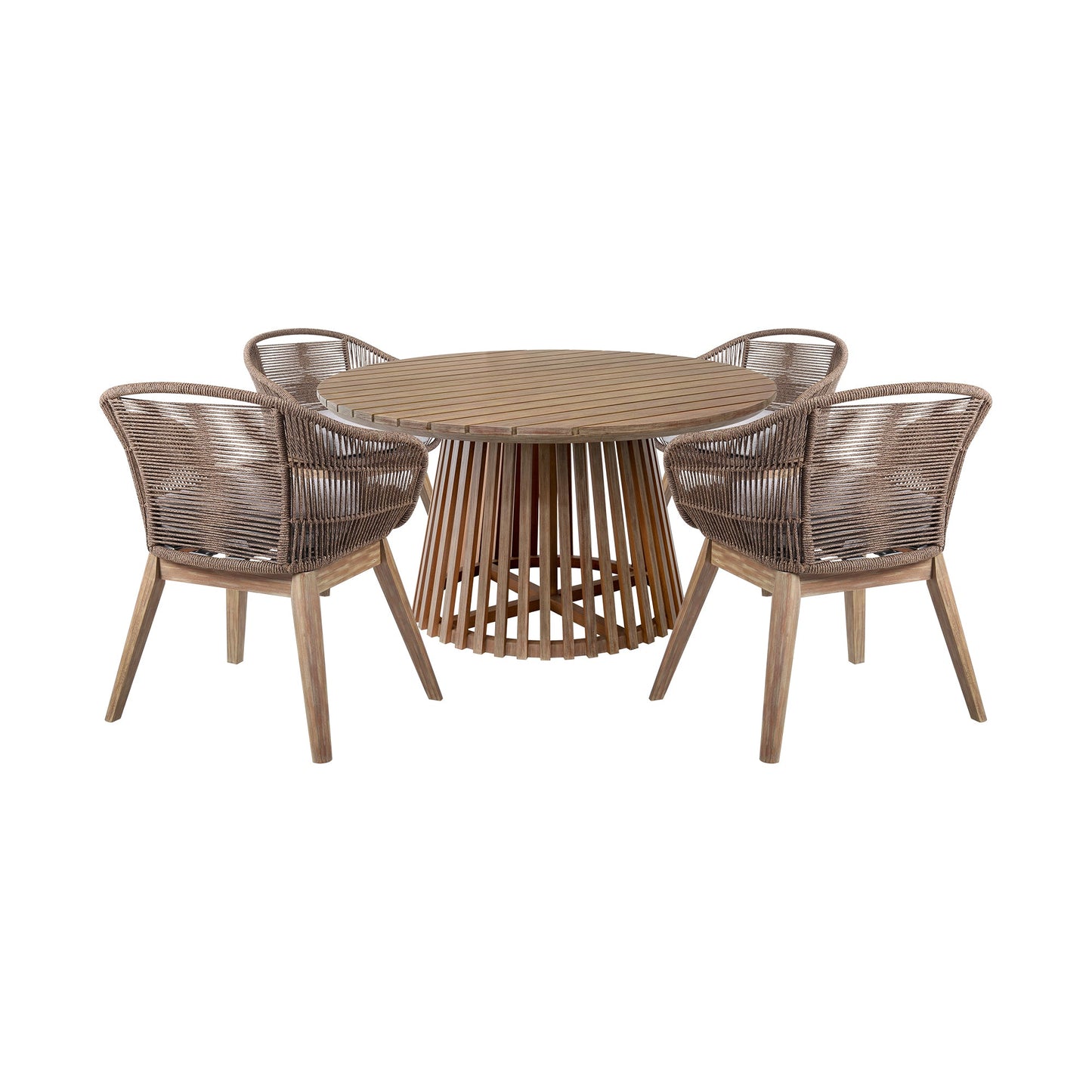 Escondido Tutti Frutti Outdoor Patio 5 Piece Round Dining Set in Eucalyptus Wood with Truffle Rope and Gray Cushions