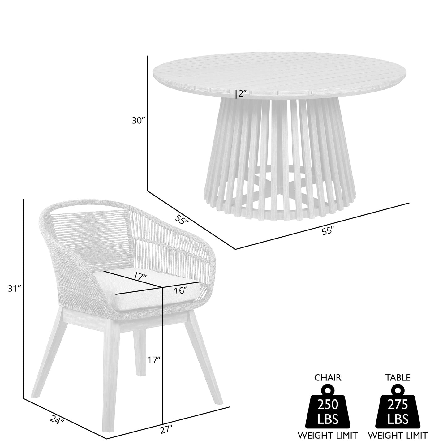 Escondido Tutti Frutti Outdoor Patio 5 Piece Round Dining Set in Eucalyptus Wood with Truffle Rope and Gray Cushions