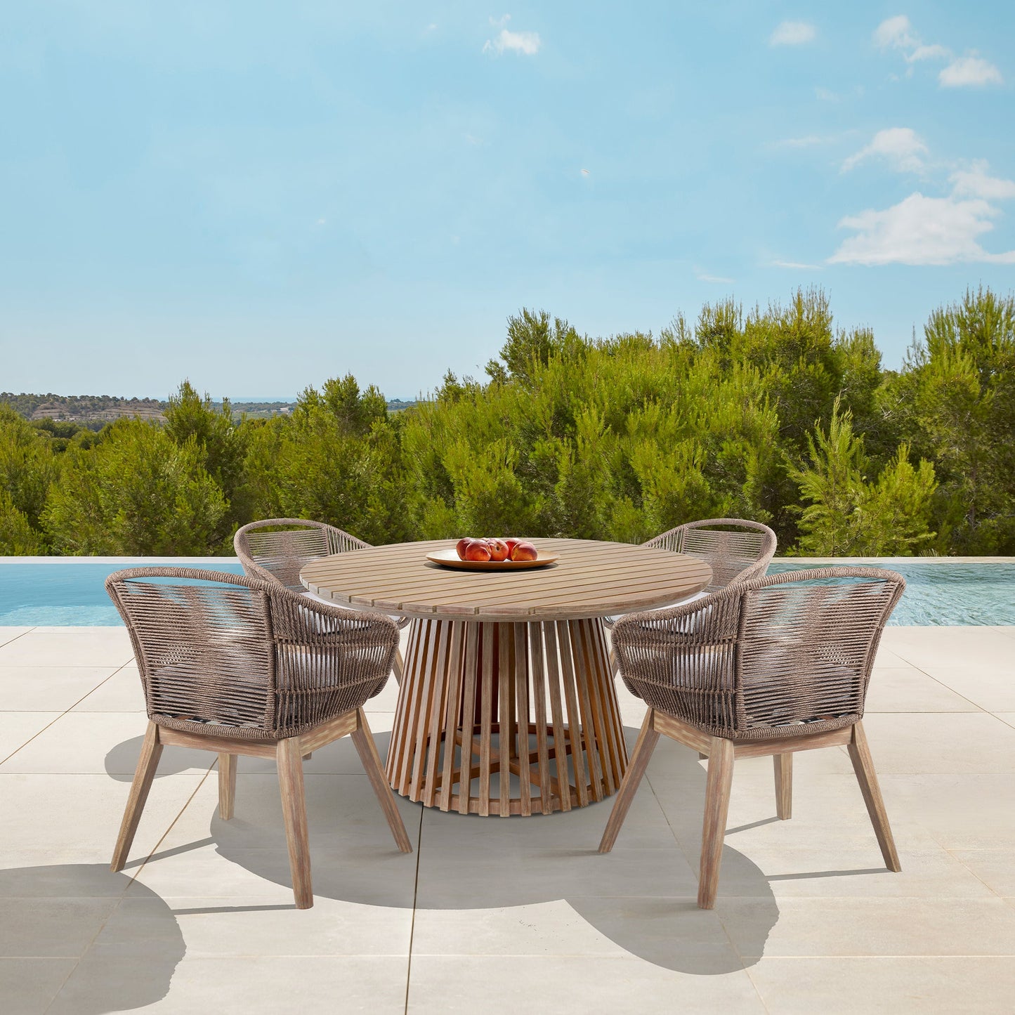 Escondido Tutti Frutti Outdoor Patio 5 Piece Round Dining Set in Eucalyptus Wood with Truffle Rope and Gray Cushions