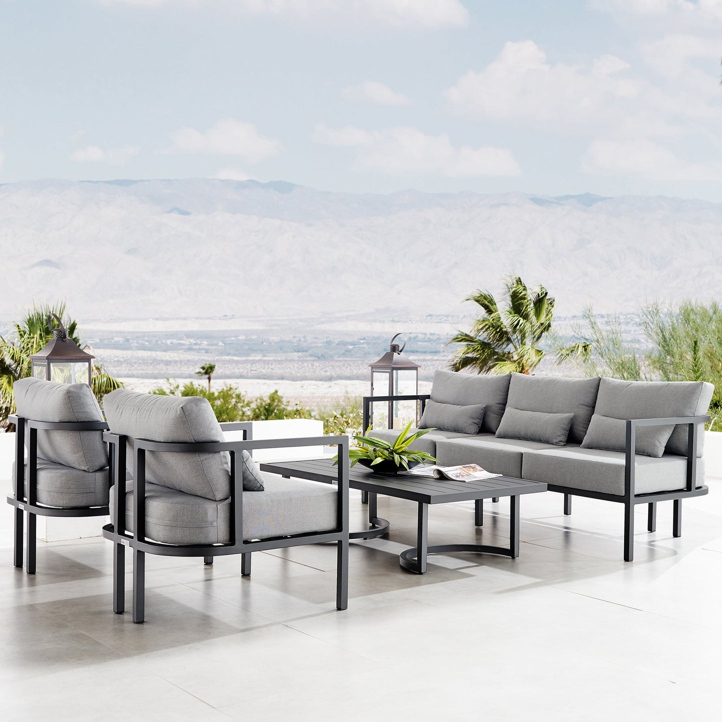 Valentina 4 Piece Dark Gray Aluminum Outdoor Seating Set with Dark Gray Cushions