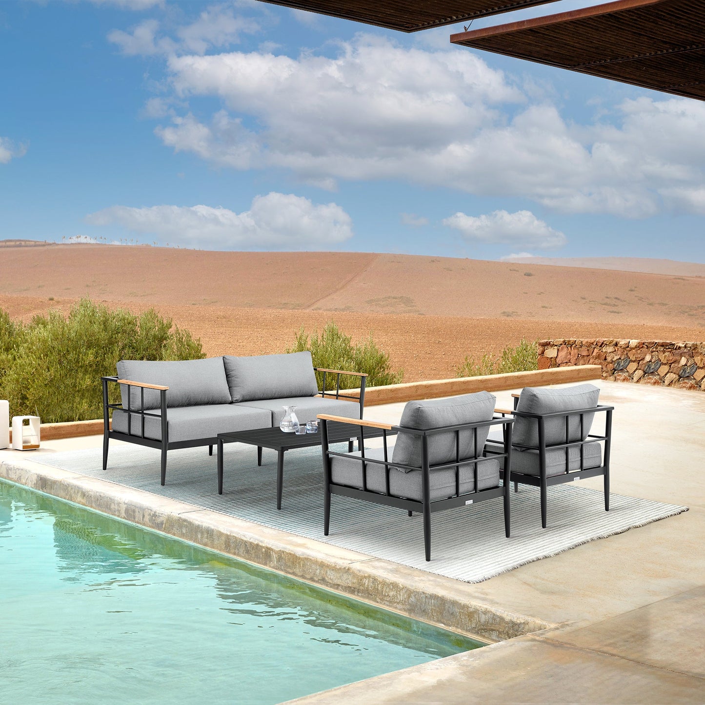 Veyda Outdoor Patio 4-Piece Lounge Set in Aluminum with Teak Wood and Gray Cushions