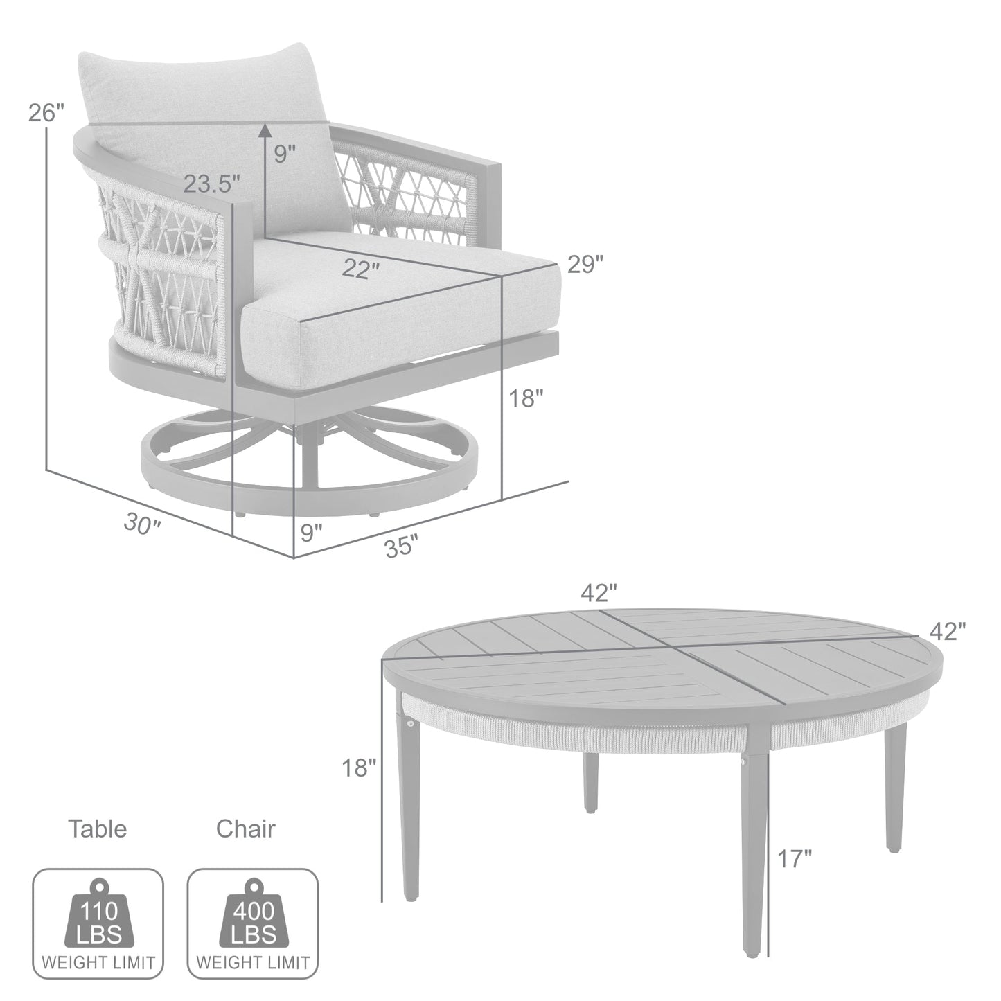 Zella Outdoor Patio 3 Piece Swivel Seating Set in Aluminum with Light Gray Rope and Cushions