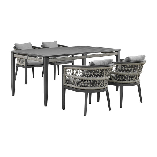 Zella Outdoor Patio 5 Piece Dining Set in Aluminum with Light Gray Rope and Cushions