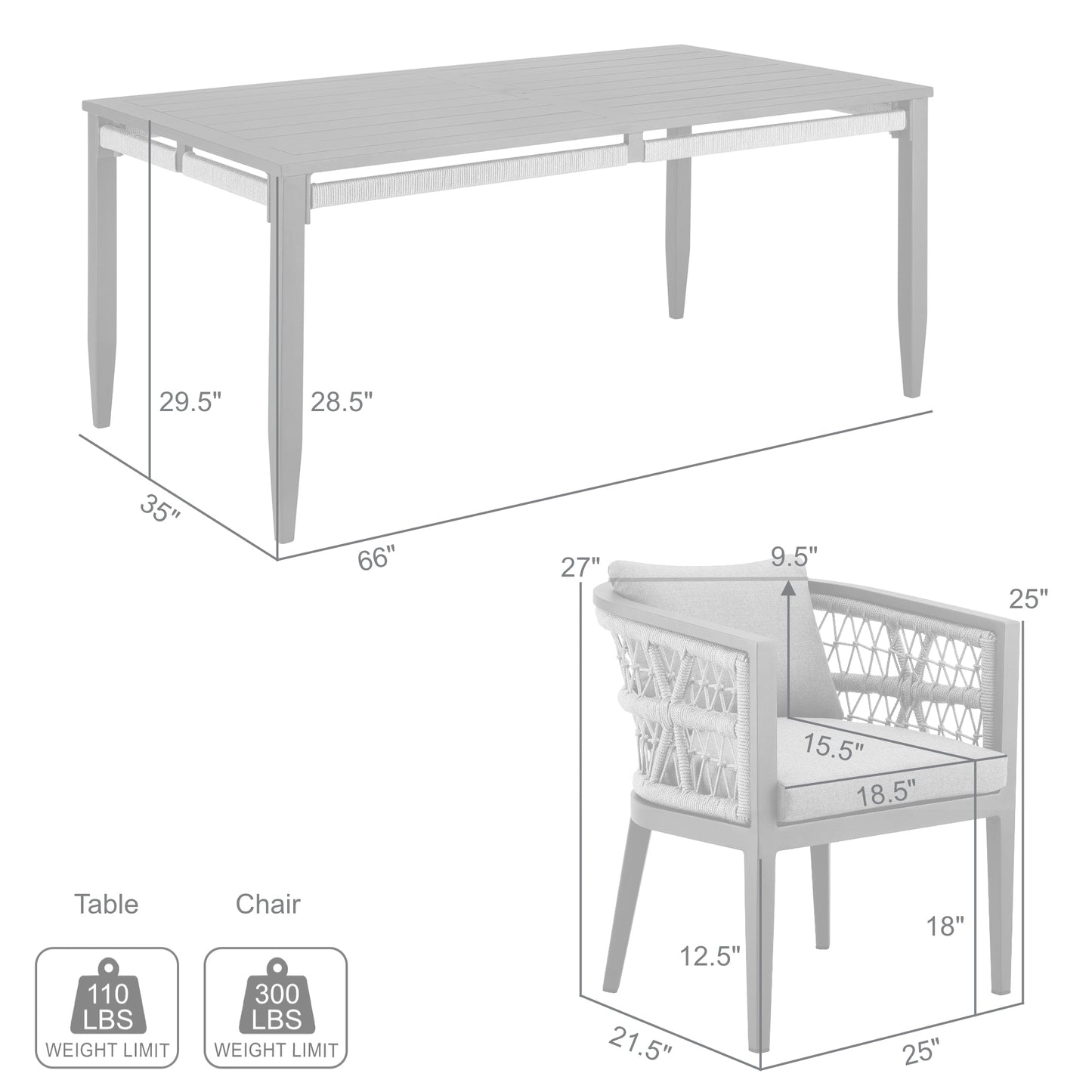 Zella Outdoor Patio 5 Piece Dining Set in Aluminum with Light Gray Rope and Cushions