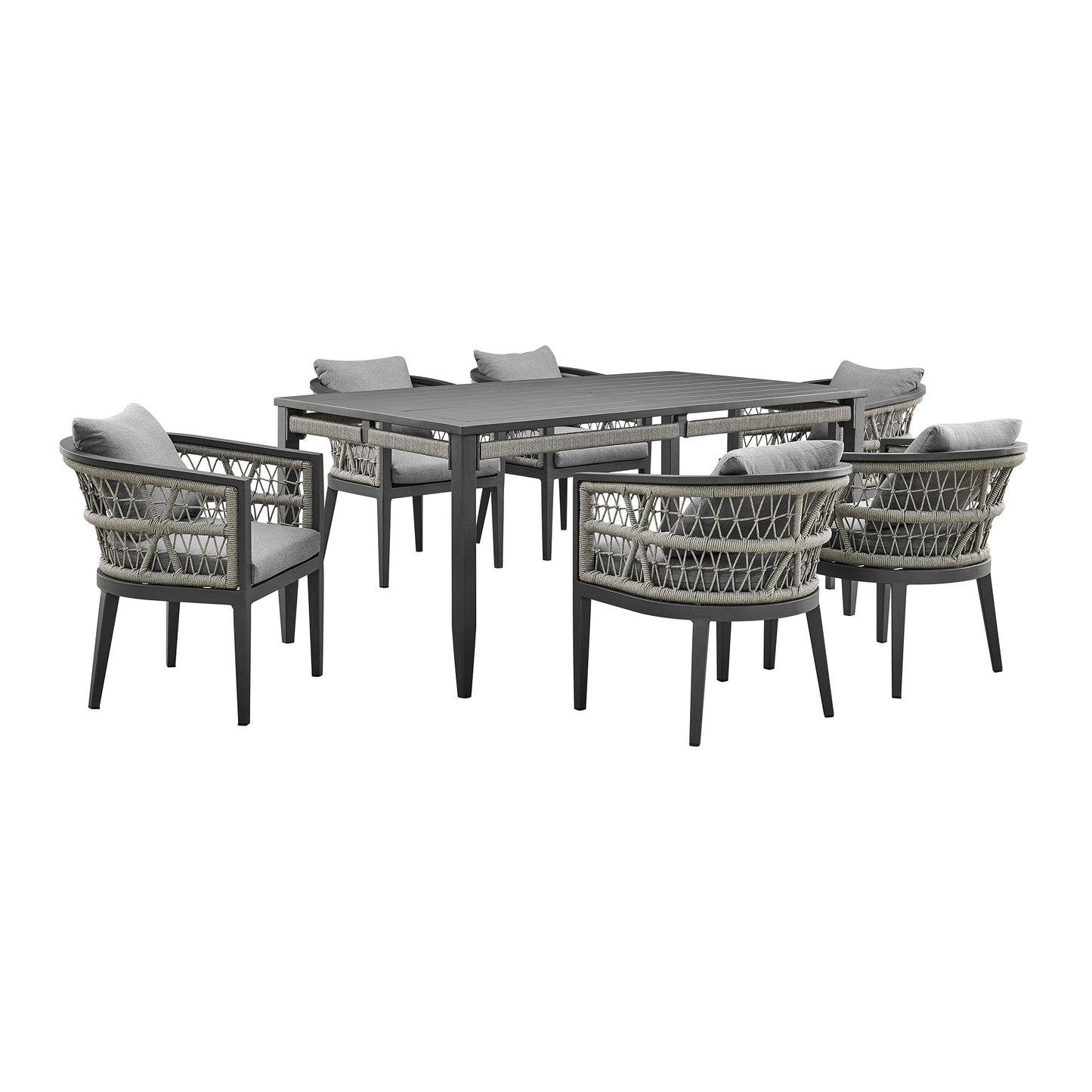 Zella Outdoor Patio 7 Piece Dining Set in Aluminum with Light Gray Rope and Cushions