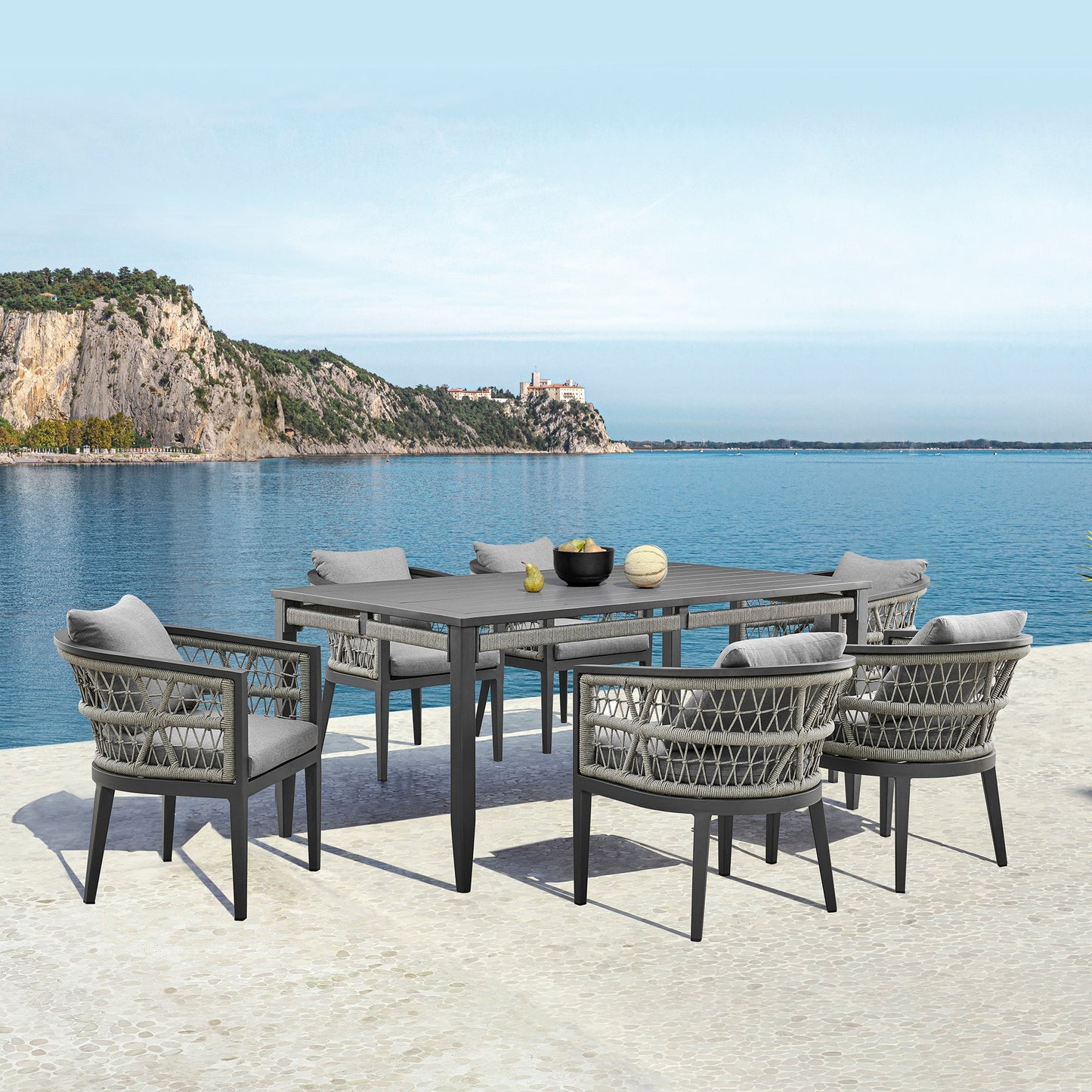 Zella Outdoor Patio 7 Piece Dining Set in Aluminum with Light Gray Rope and Cushions