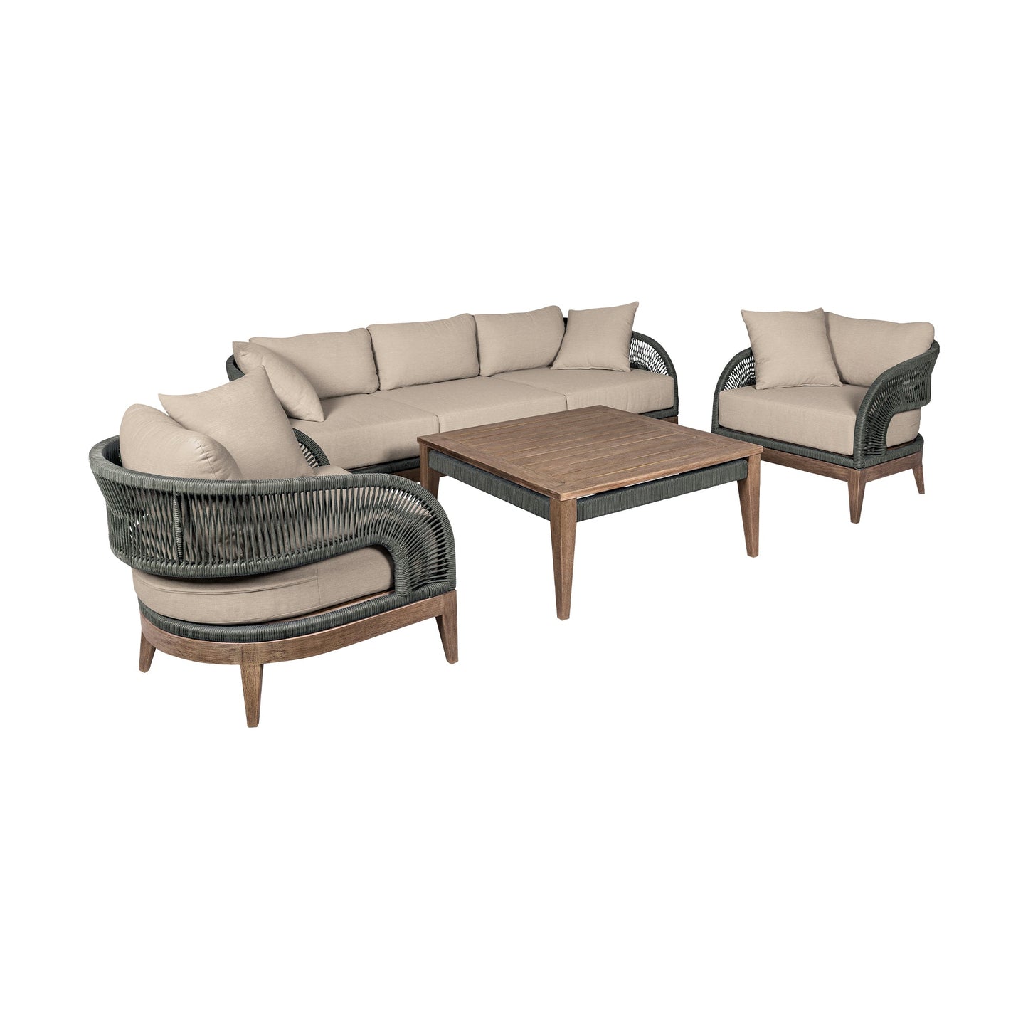 Orbit Outdoor Patio 4 Piece Conversation Set in Weathered Eucalyptus Wood with Gray Rope and Taupe Olefin Cushions