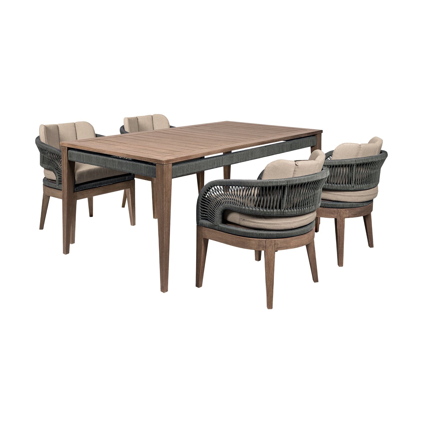 Orbit Outdoor Patio 5 Piece Dining Set in Weathered Eucalyptus Wood with Gray Rope and Taupe Olefin Cushions