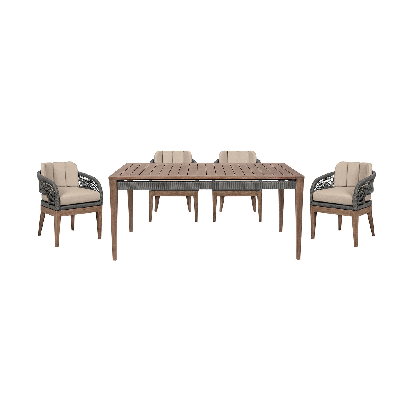 Orbit Outdoor Patio 5 Piece Dining Set in Weathered Eucalyptus Wood with Gray Rope and Taupe Olefin Cushions