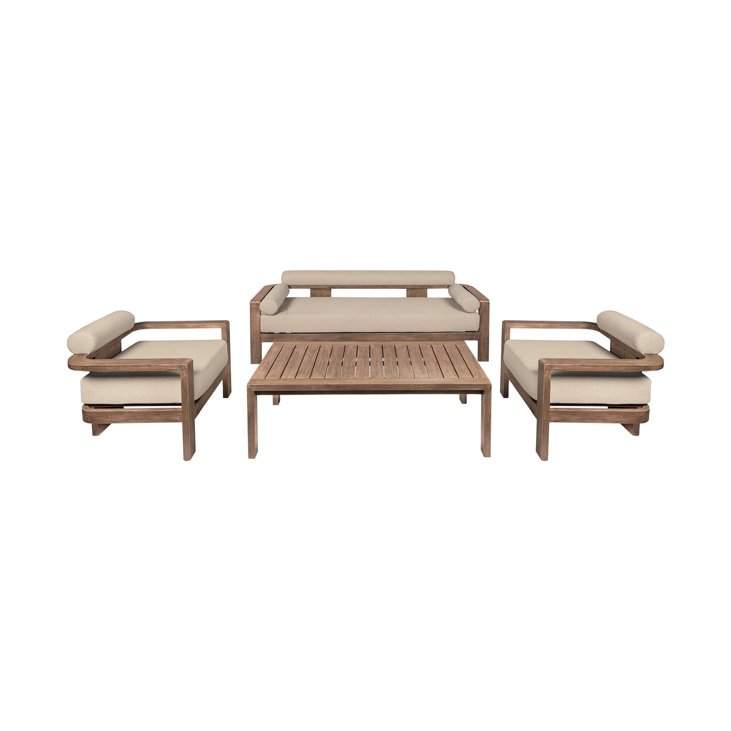 Relic Outdoor Patio 4 Piece Conversation Set in Weathered Eucalyptus Wood with Taupe Olefin Cushions