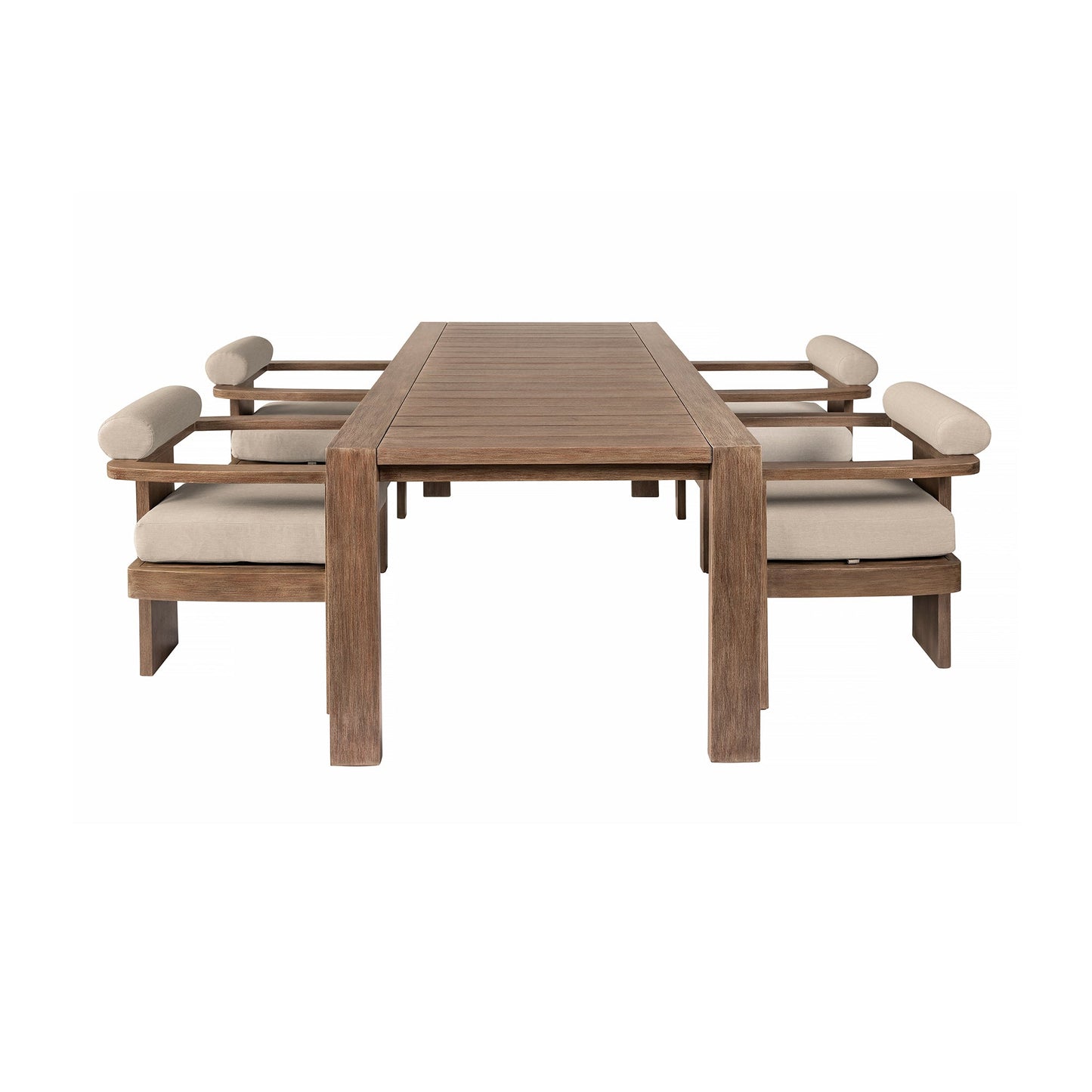 Relic Outdoor Patio 5 Piece Dining Set in Weathered Eucalyptus Wood with Taupe Olefin Cushions