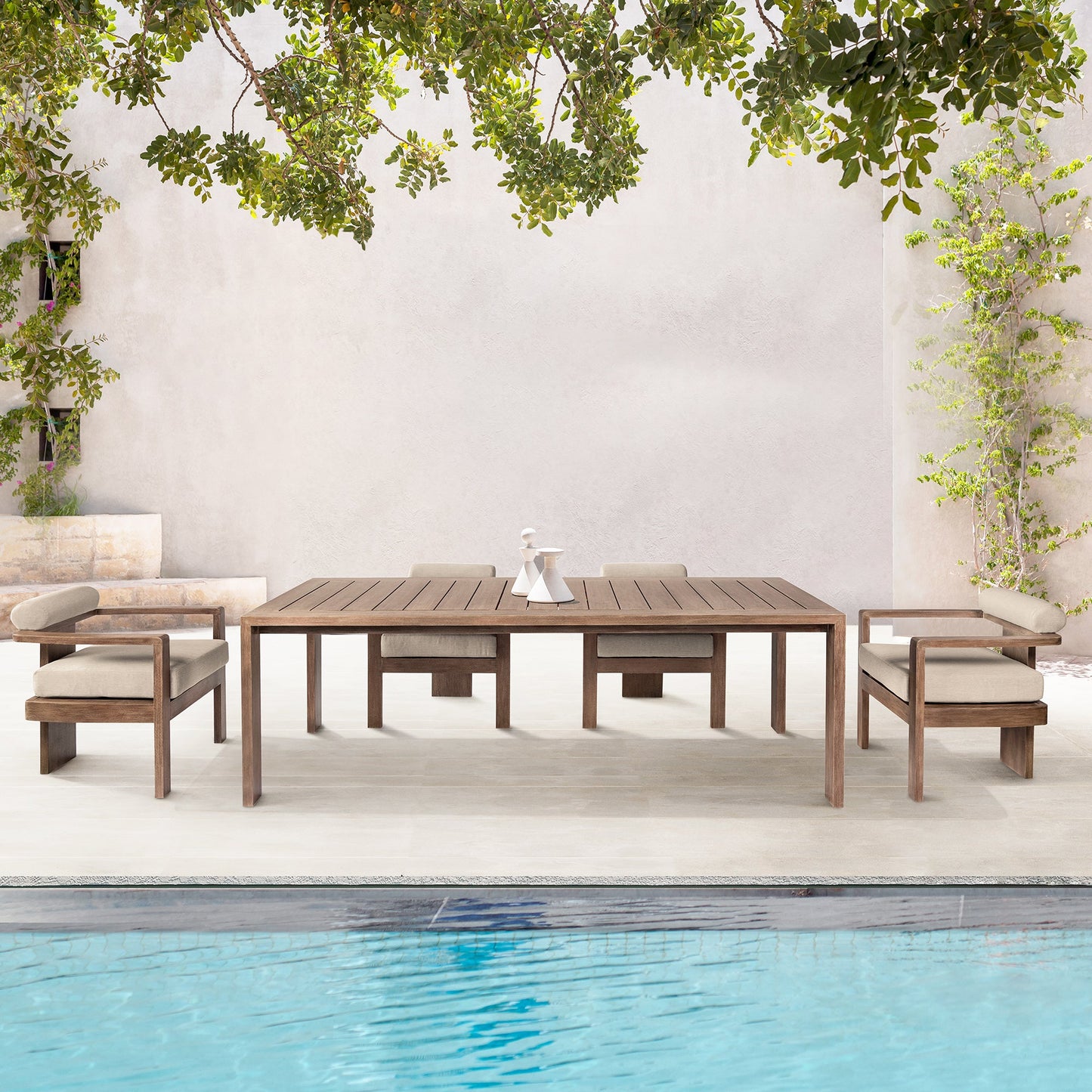 Relic Outdoor Patio 5 Piece Dining Set in Weathered Eucalyptus Wood with Taupe Olefin Cushions