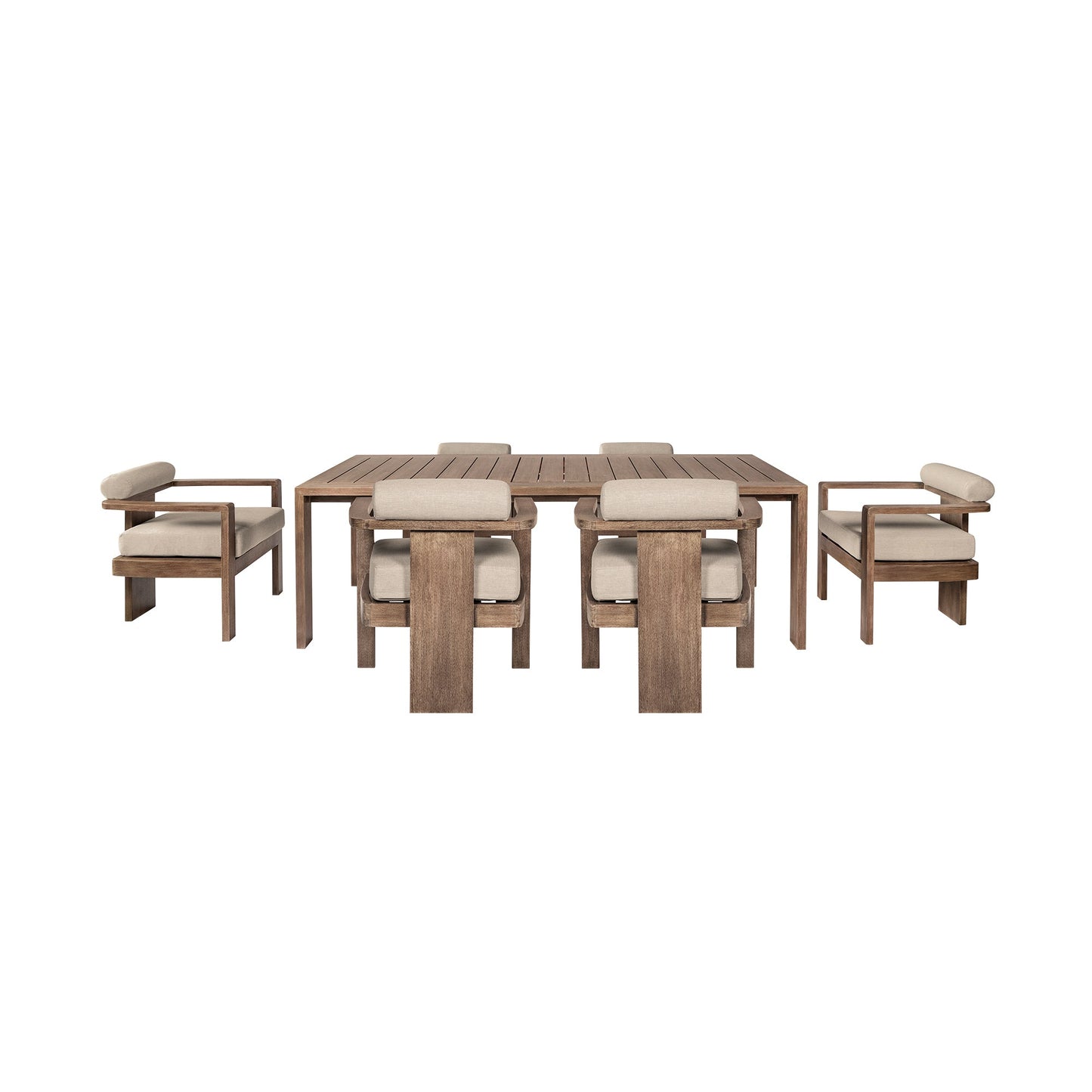 Relic Outdoor Patio 7 Piece Dining Set in Weathered Eucalyptus Wood with Taupe Olefin Cushions