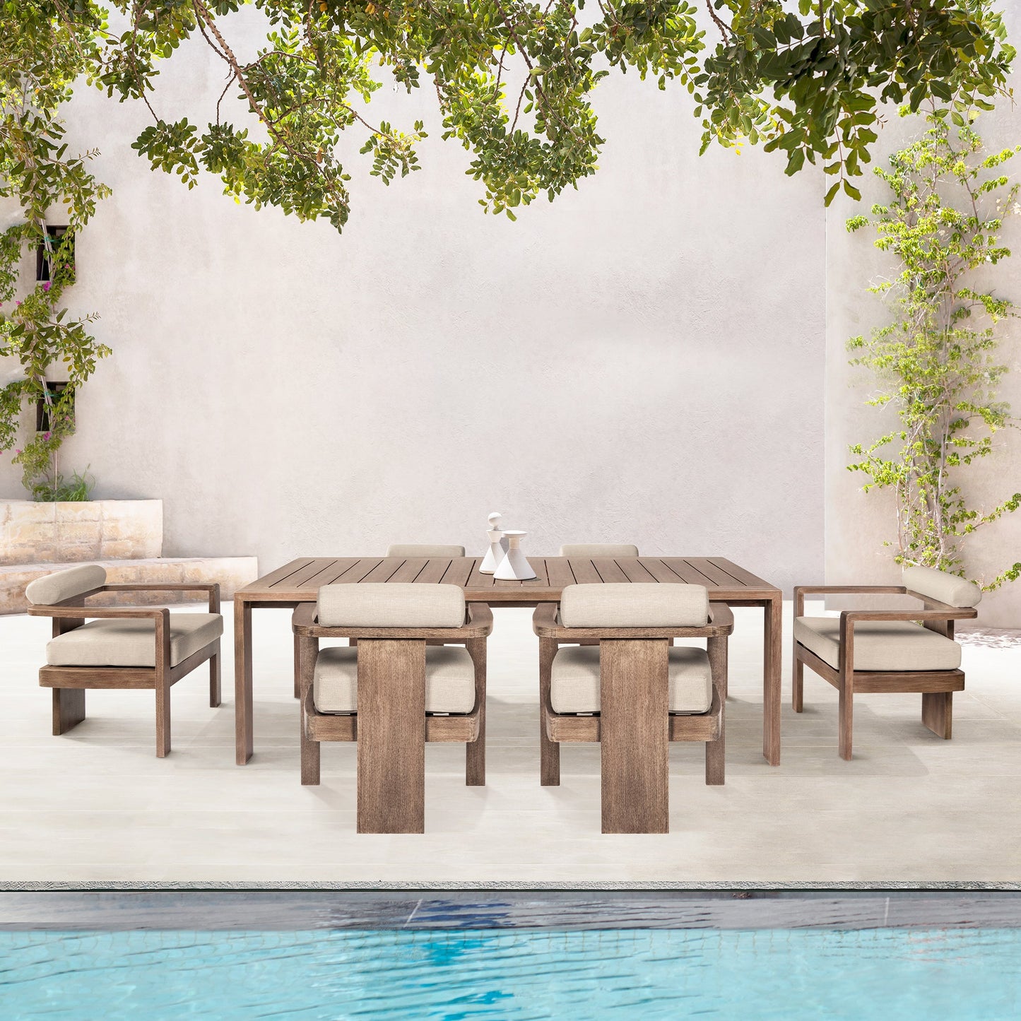 Relic Outdoor Patio 7 Piece Dining Set in Weathered Eucalyptus Wood with Taupe Olefin Cushions