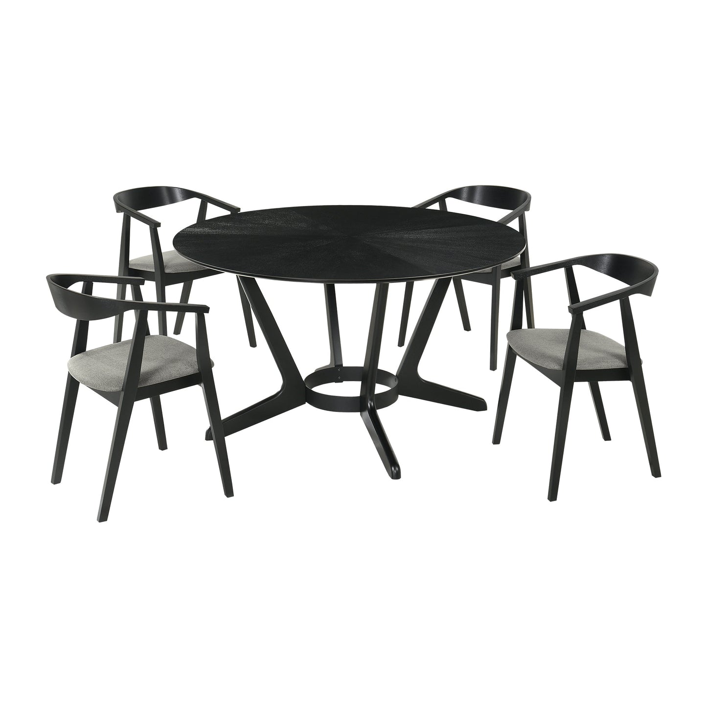 Santana 5 Piece Round Black Wood Dining Table Set with Charcoal Fabric