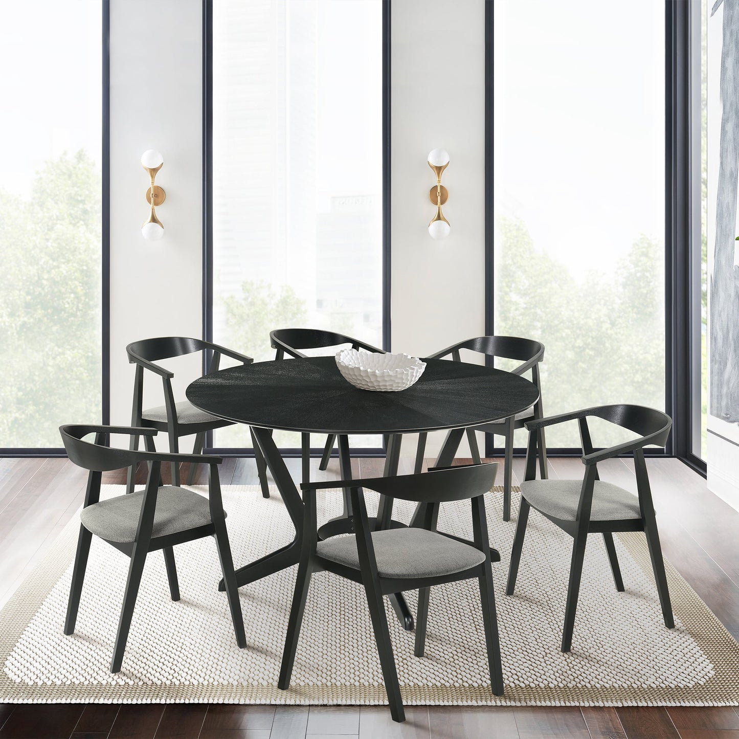 Santana 7 Piece Round Black Wood Dining Table Set with Charcoal Fabric