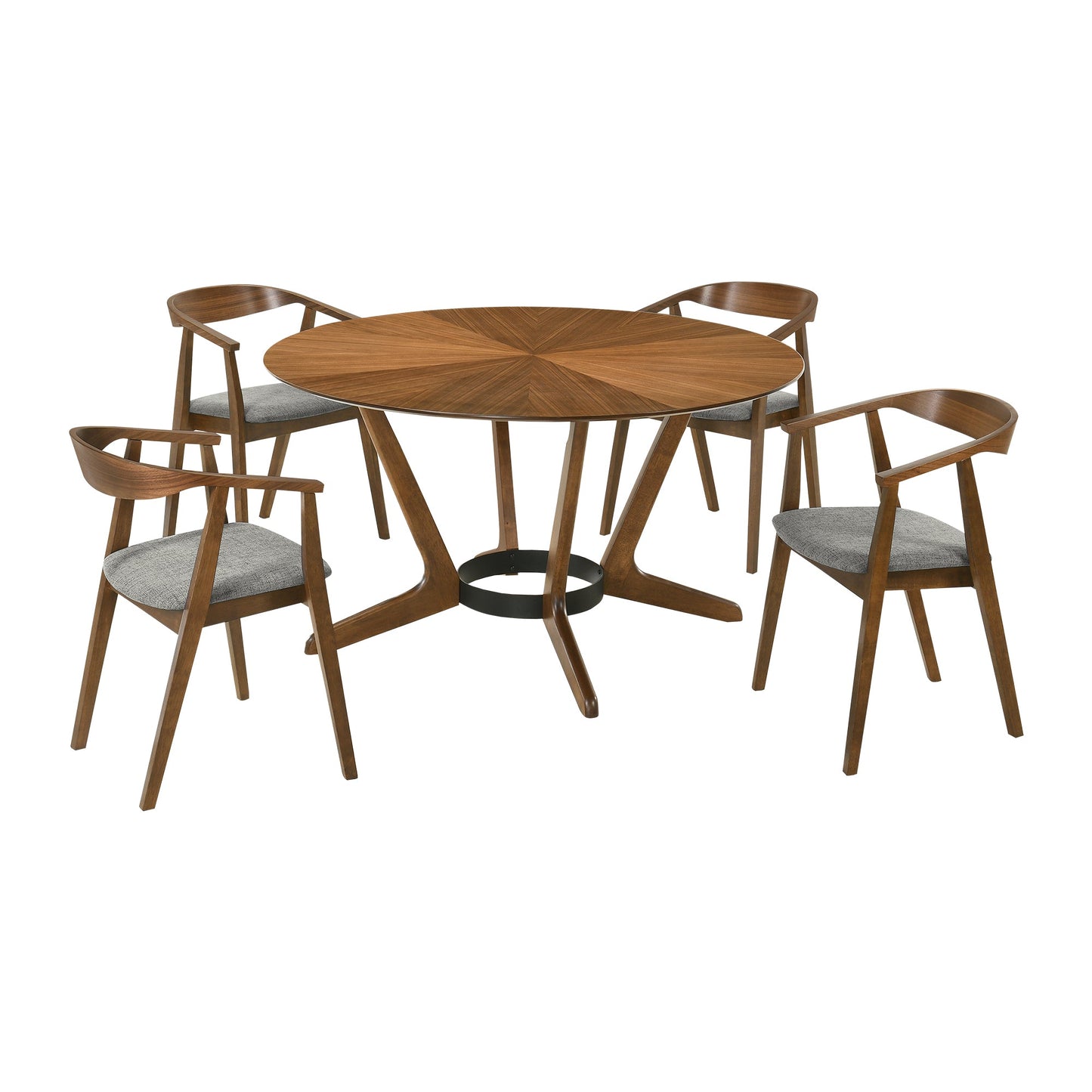 Santana 5 Piece Round Walnut Wood Dining Table Set with Charcoal Fabric