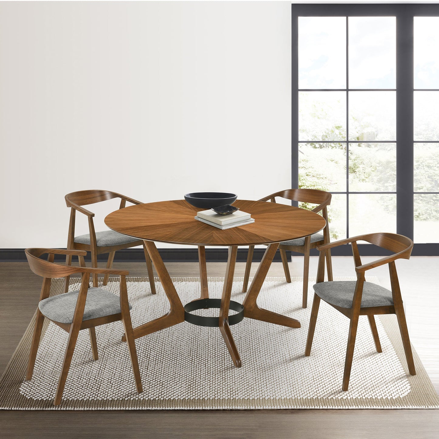 Santana 5 Piece Round Walnut Wood Dining Table Set with Charcoal Fabric