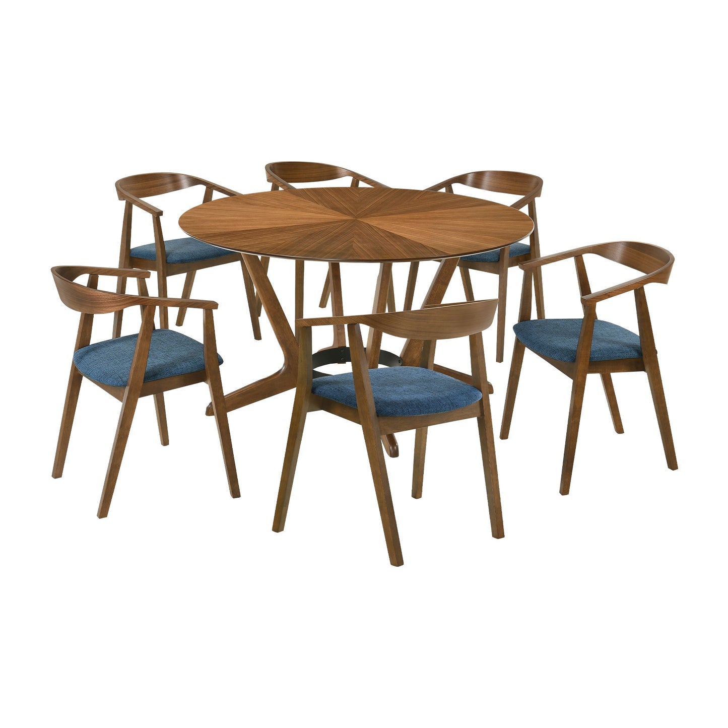 Santana 7 Piece Round Walnut Wood Dining Table Set with Blue Fabric