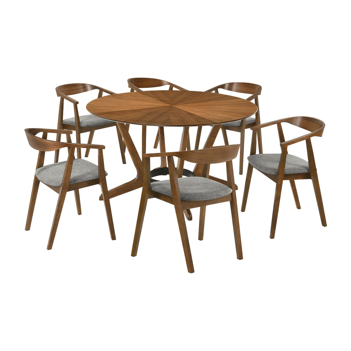 Santana 7 Piece Round Walnut Wood Dining Table Set with Charcoal Fabric