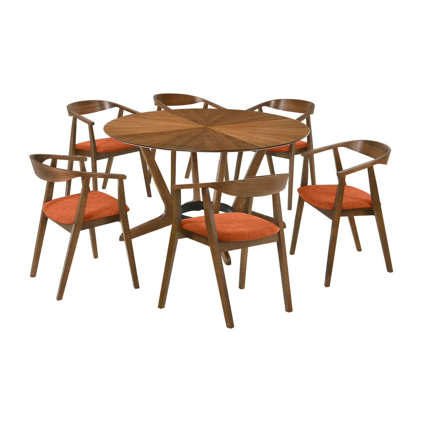 Santana 7 Piece Round Walnut Wood Dining Table Set with Orange Fabric