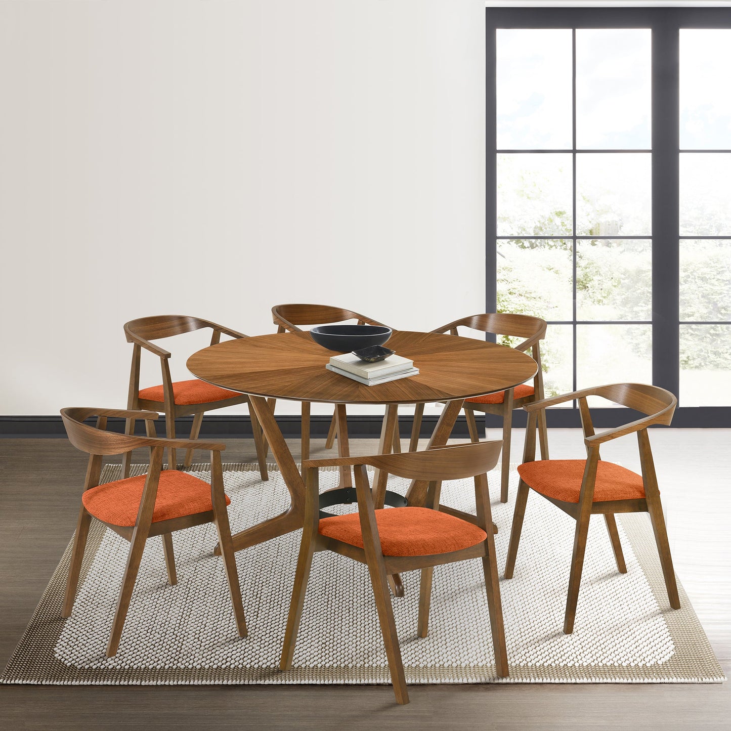 Santana 7 Piece Round Walnut Wood Dining Table Set with Orange Fabric