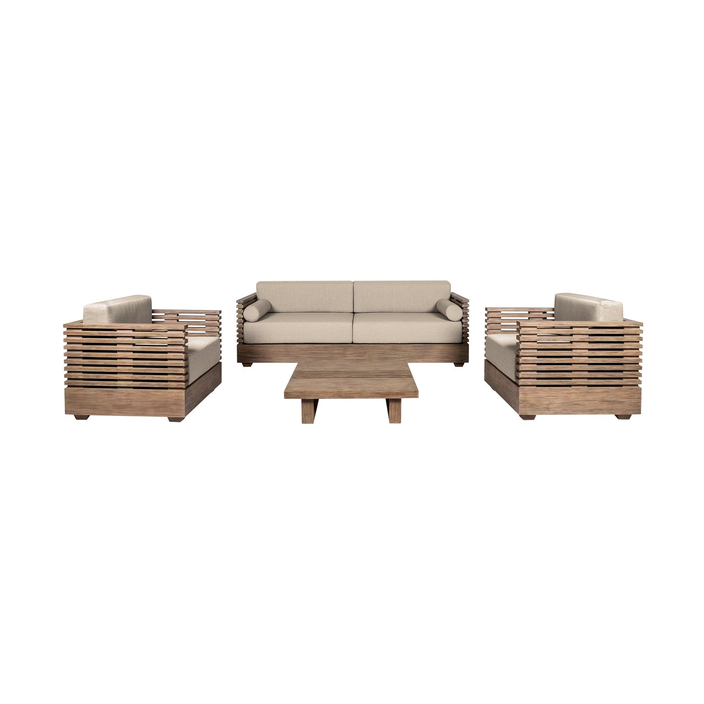 Vivid Outdoor Patio 4 Piece Conversation Set in Light Eucalyptus Wood with Taupe Olefin Cushions