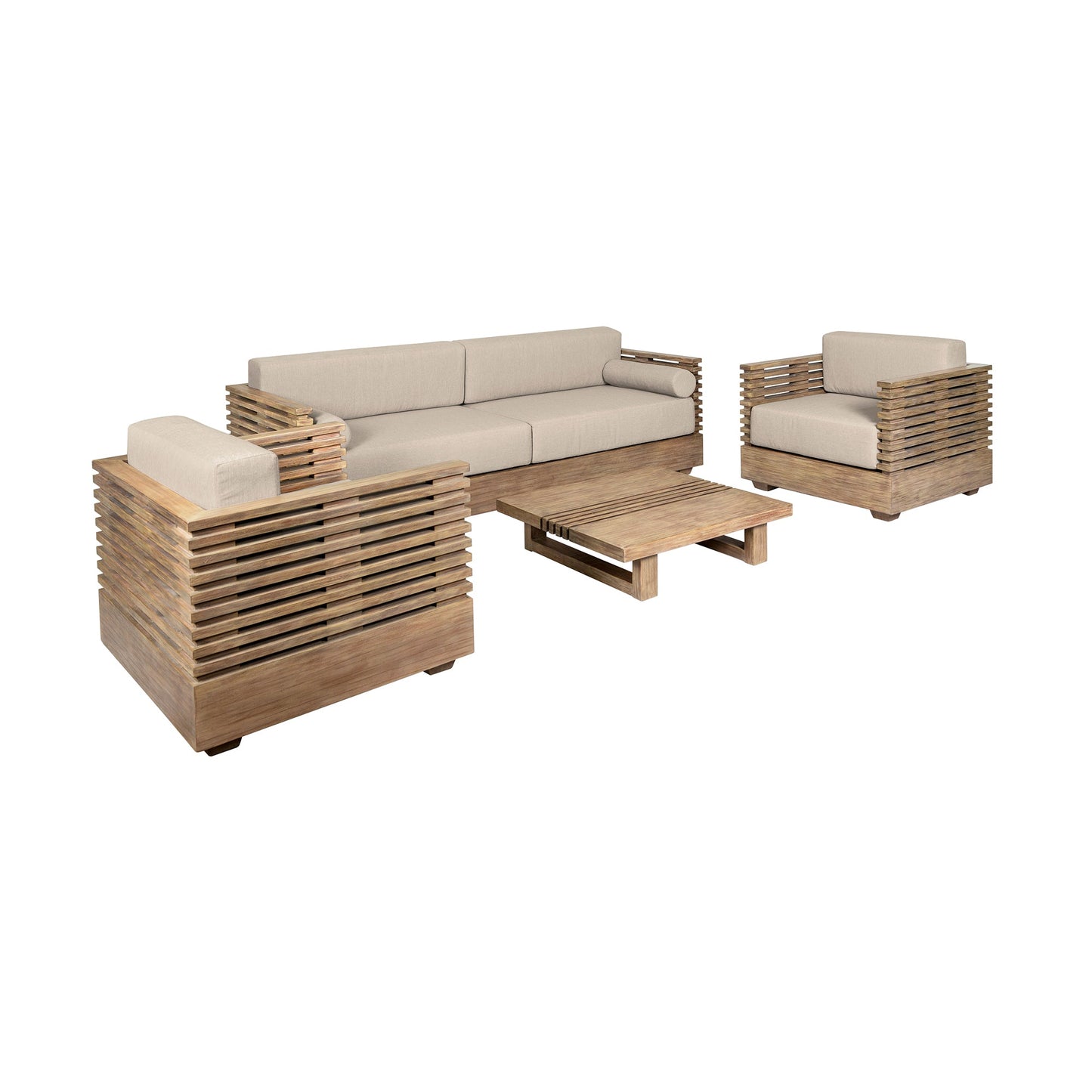 Vivid Outdoor Patio 4 Piece Conversation Set in Light Eucalyptus Wood with Taupe Olefin Cushions