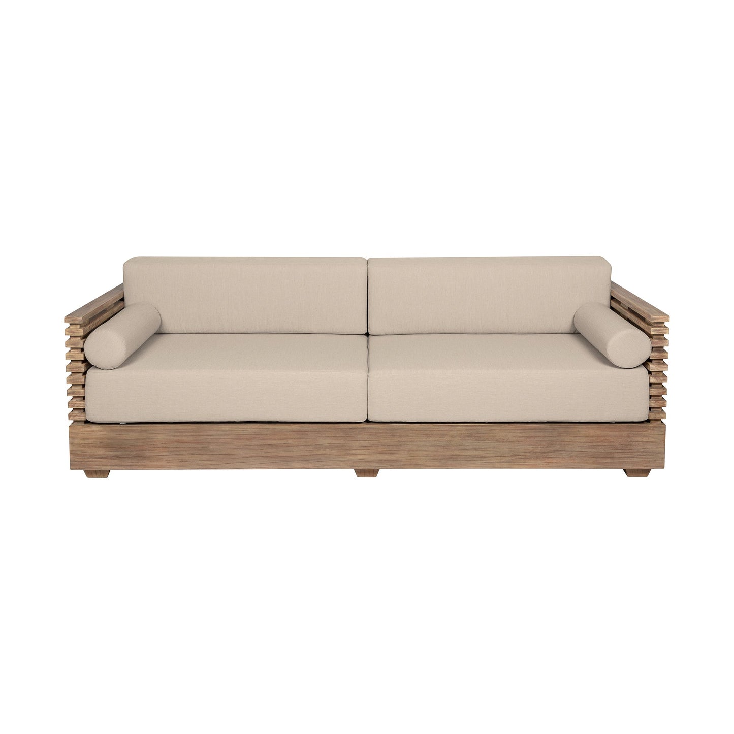 Vivid Outdoor Patio 4 Piece Conversation Set in Light Eucalyptus Wood with Taupe Olefin Cushions