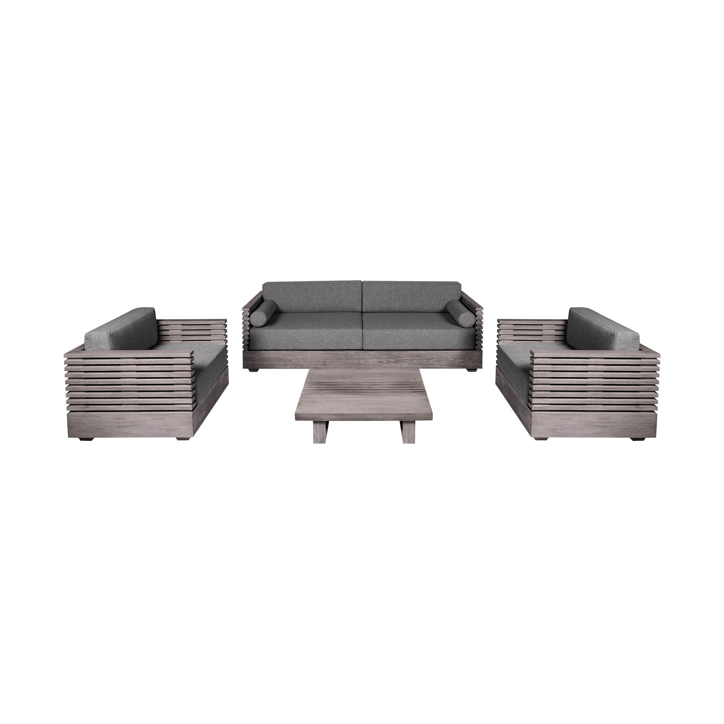 Vivid Outdoor Patio 4 Piece Conversation Set in Gray Eucalyptus Wood with Gray Olefin Cushions