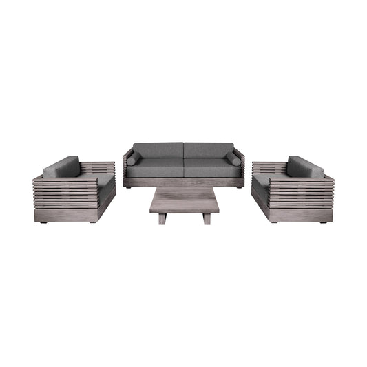 Vivid Outdoor Patio 4 Piece Conversation Set in Gray Eucalyptus Wood with Gray Olefin Cushions