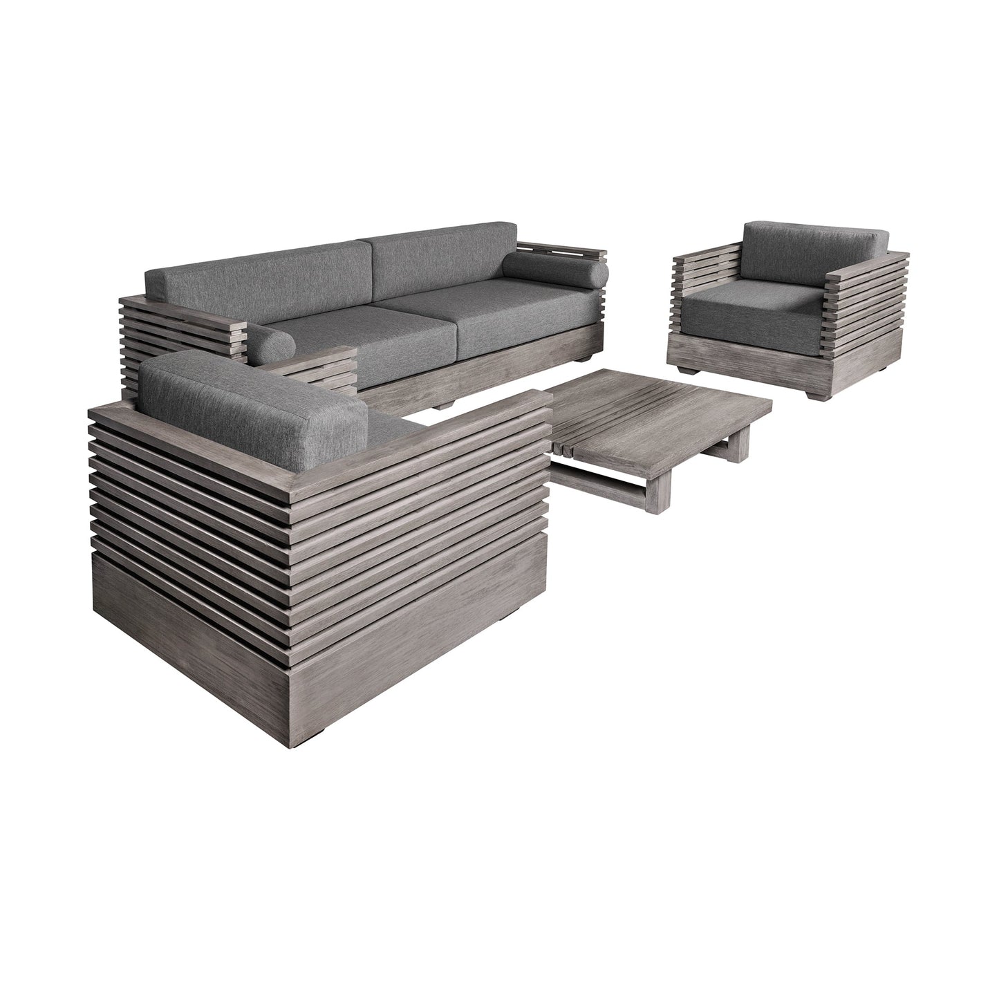 Vivid Outdoor Patio 4 Piece Conversation Set in Gray Eucalyptus Wood with Gray Olefin Cushions