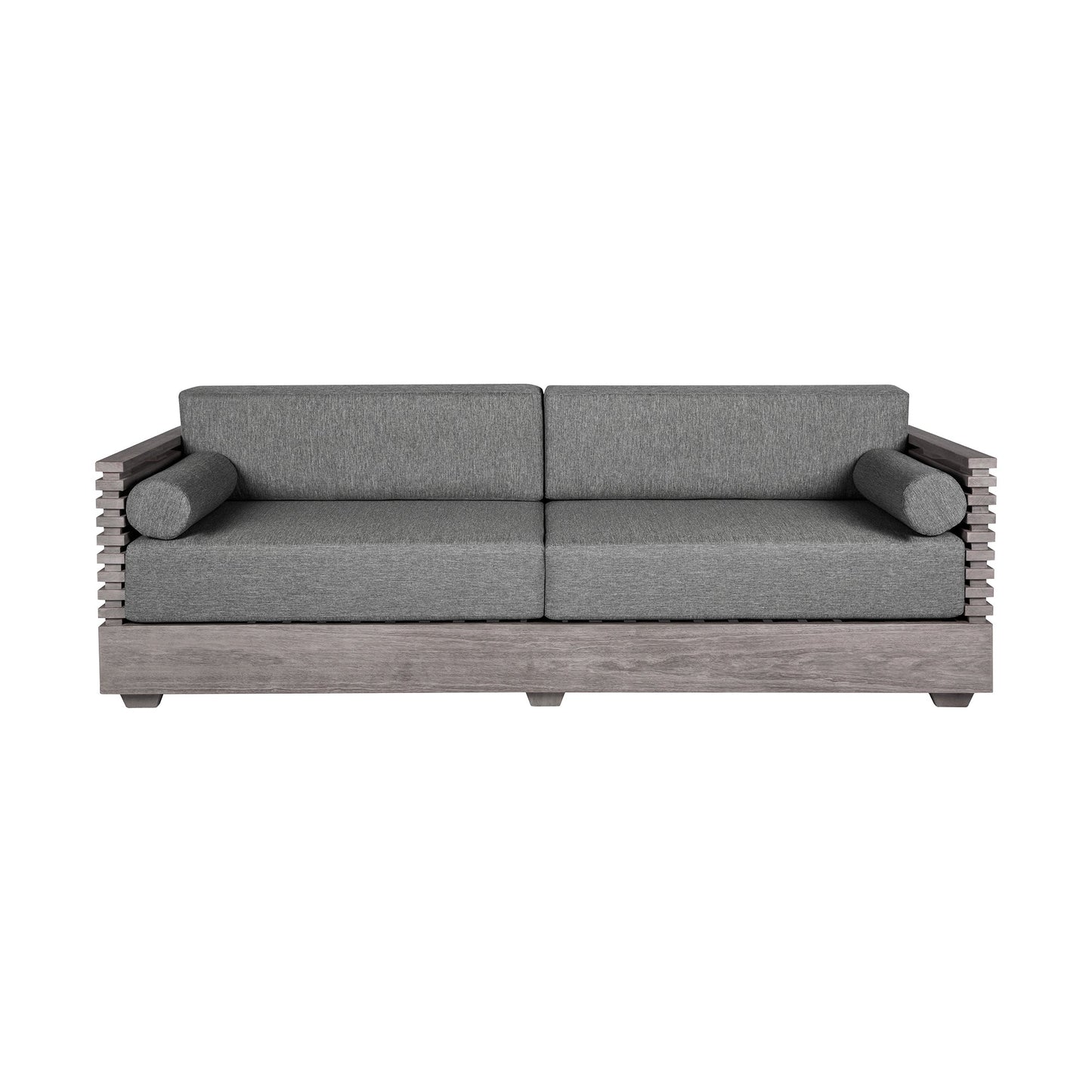 Vivid Outdoor Patio 4 Piece Conversation Set in Gray Eucalyptus Wood with Gray Olefin Cushions