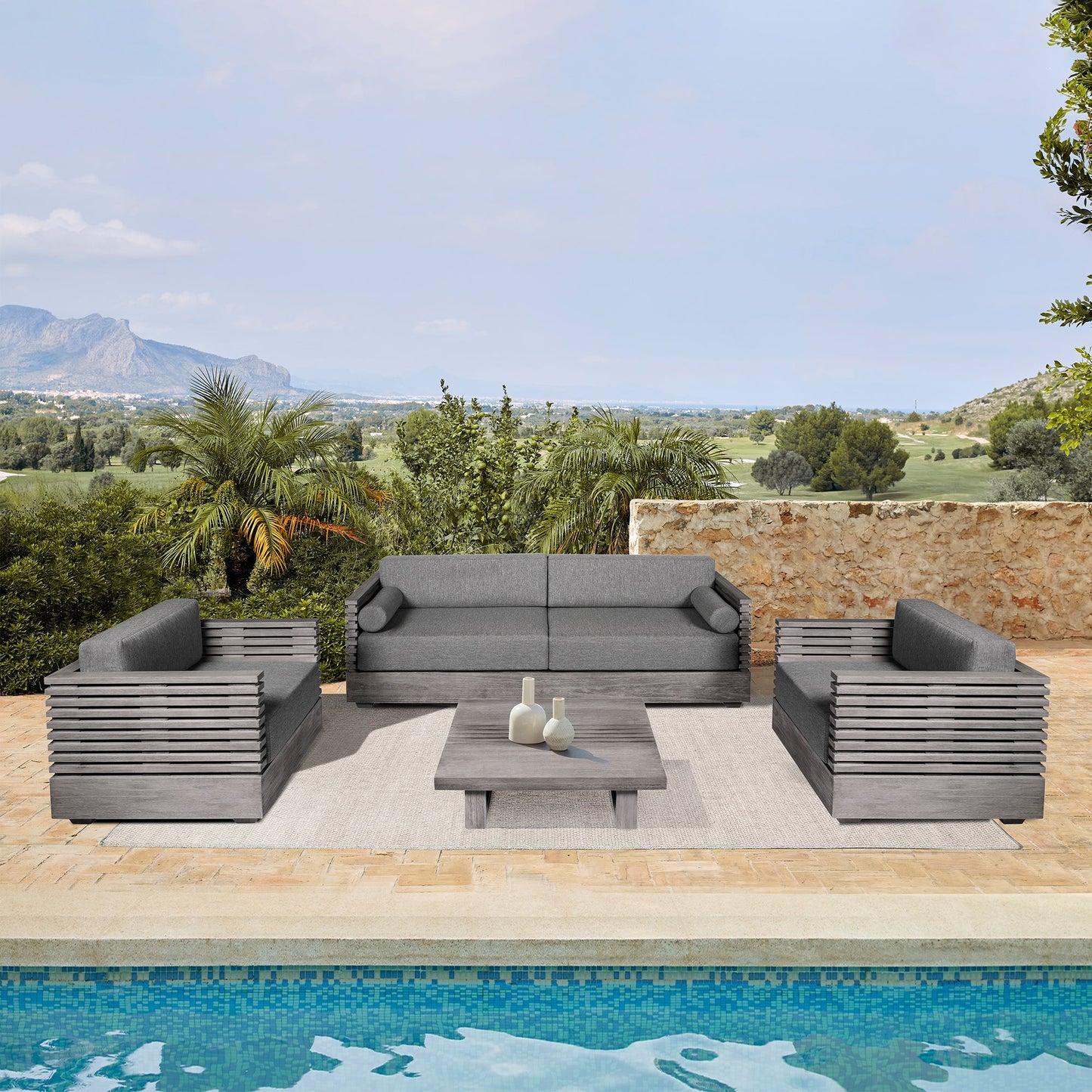 Vivid Outdoor Patio 4 Piece Conversation Set in Gray Eucalyptus Wood with Gray Olefin Cushions