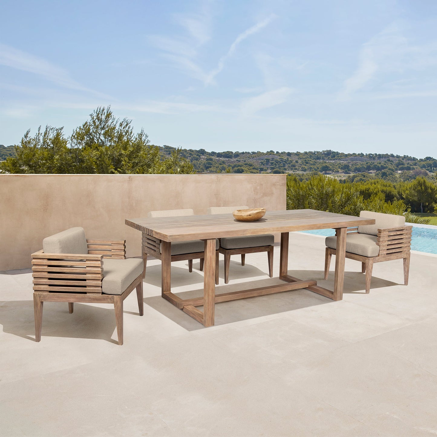 Vivid Outdoor Patio 5 Piece Dining Set in Light Eucalyptus Wood with Taupe Olefin Cushions