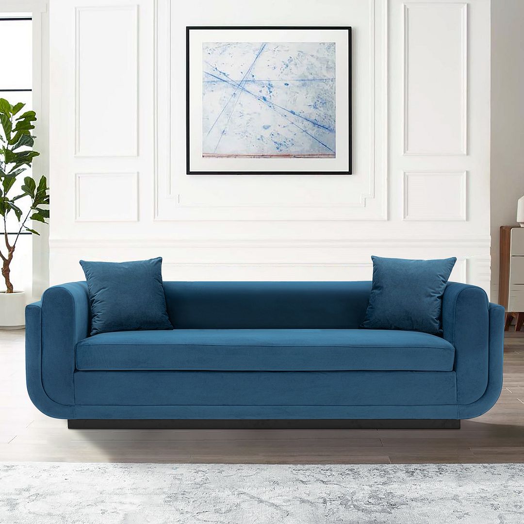 Manhattan Comfort Contemporary Edmonda Velvet Sofa with Pillows in Sapphire Blue