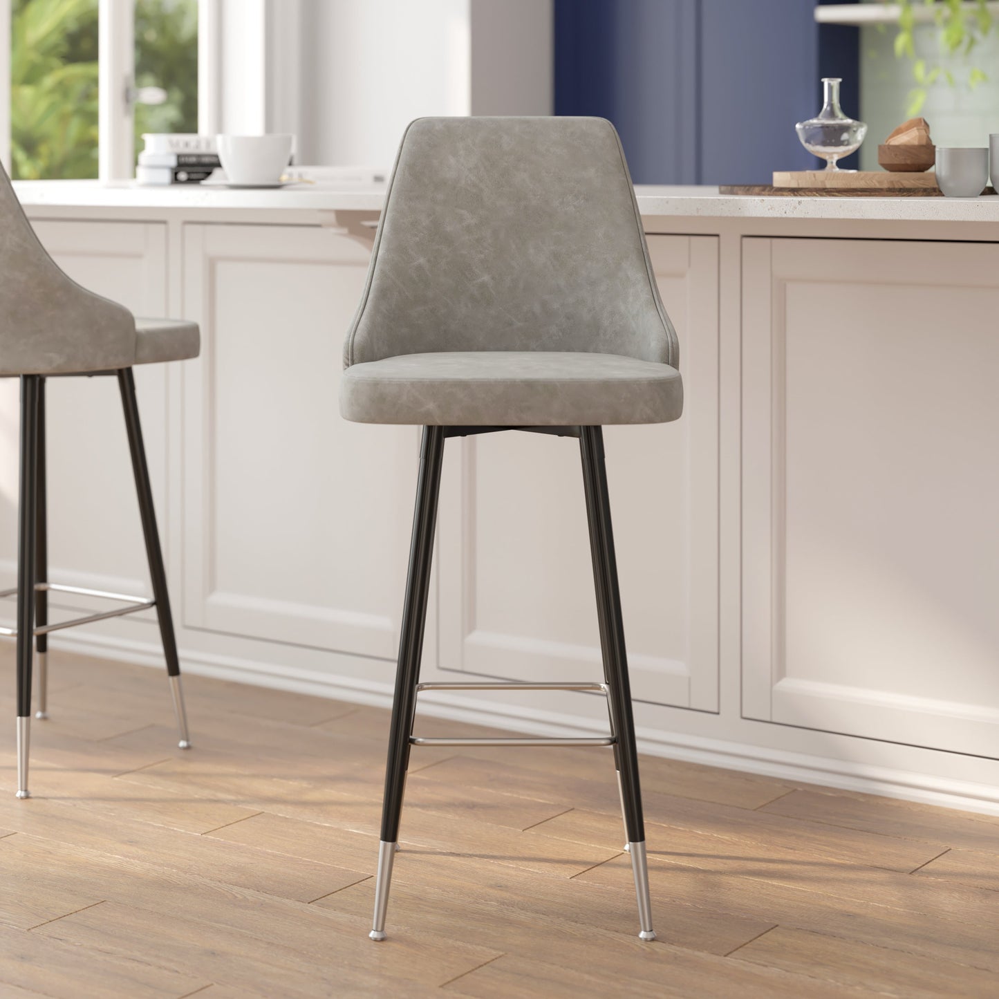 2PK Gray Leather Bar Stools SY-807-30-GY-GG