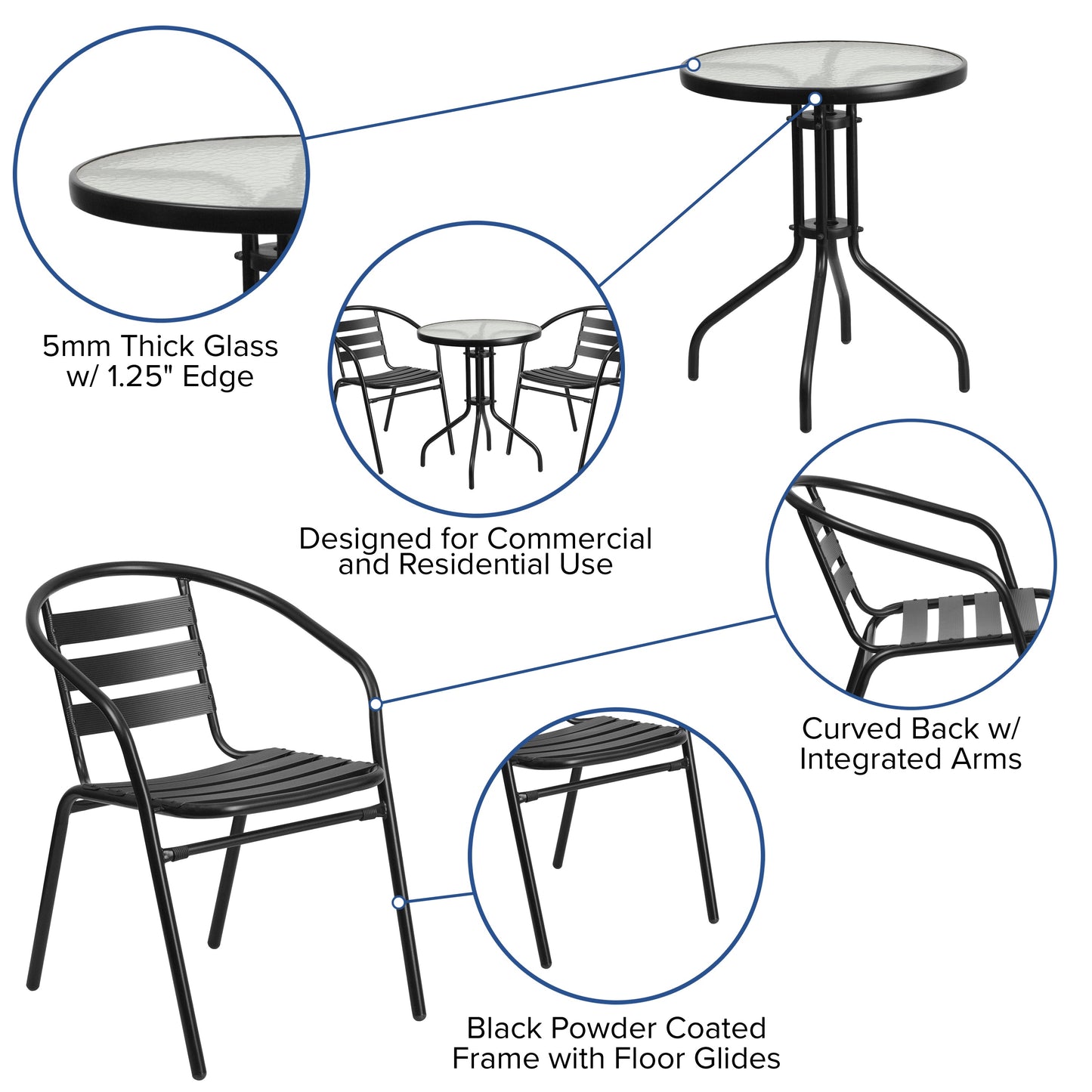 23.75RD Black Patio Table Set TLH-071RD-017CBK2-GG