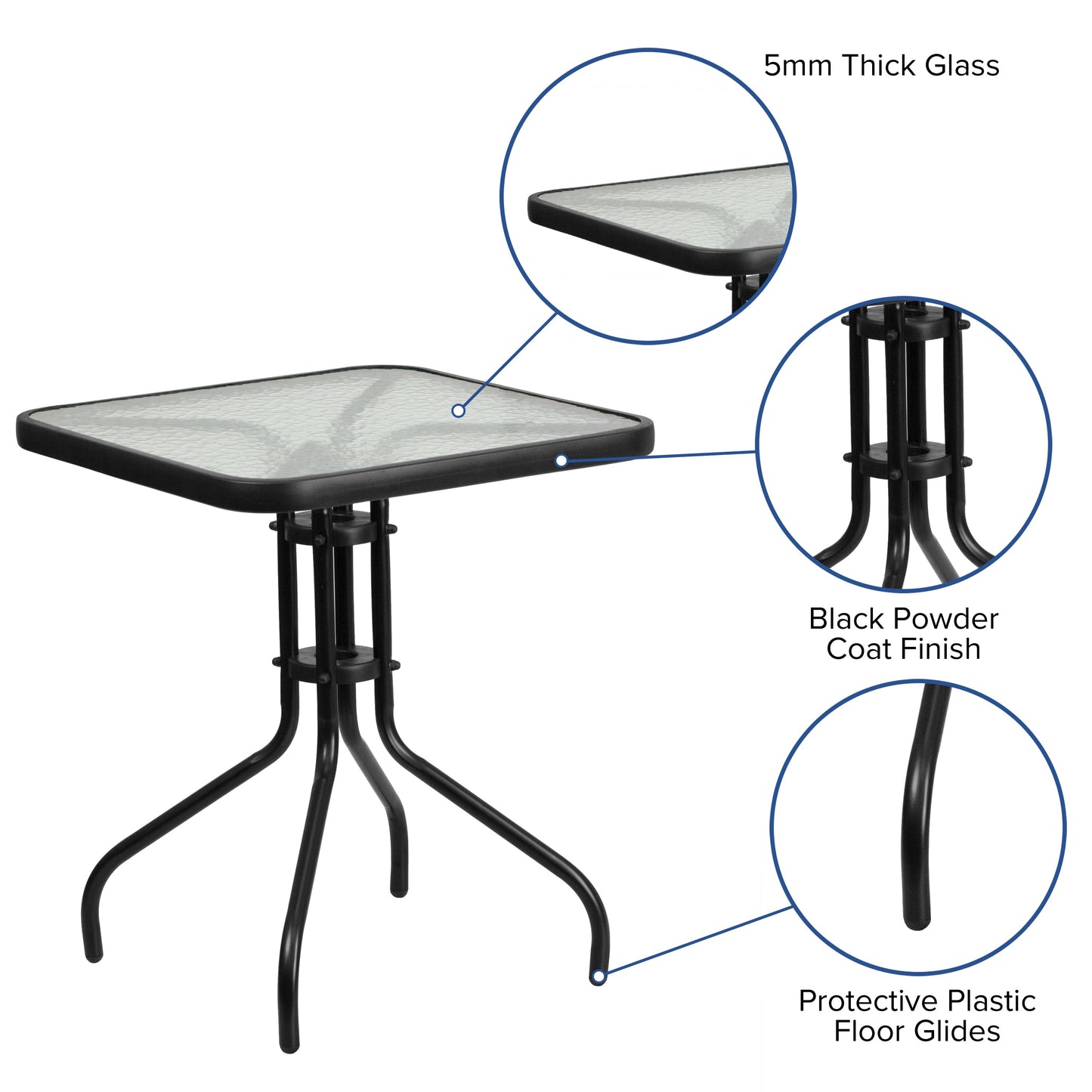 23.5SQ Glass Black Patio Table TLH-073A-1-GG