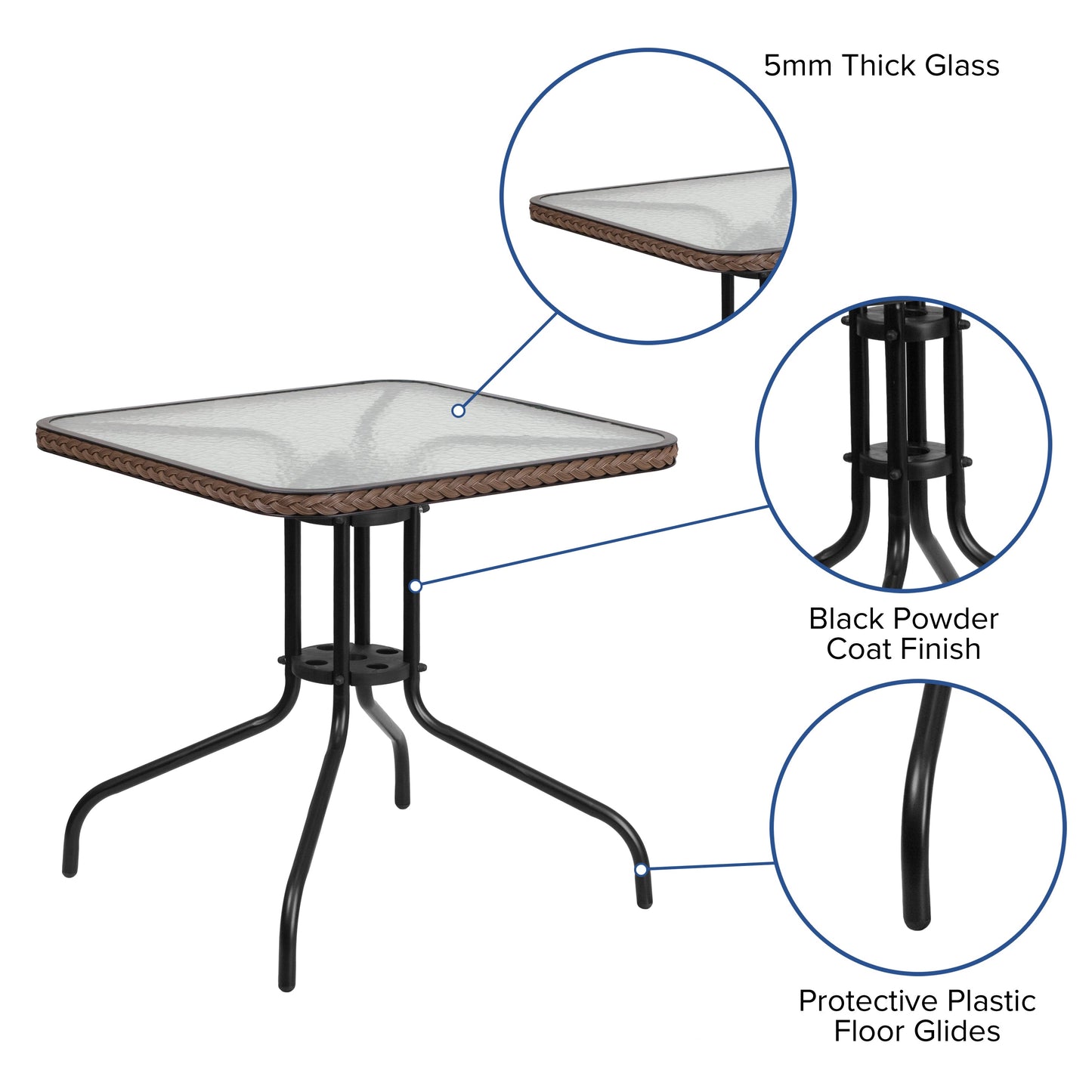 28SQ Glass Table-BRN Rattan TLH-073R-DK-BN-GG