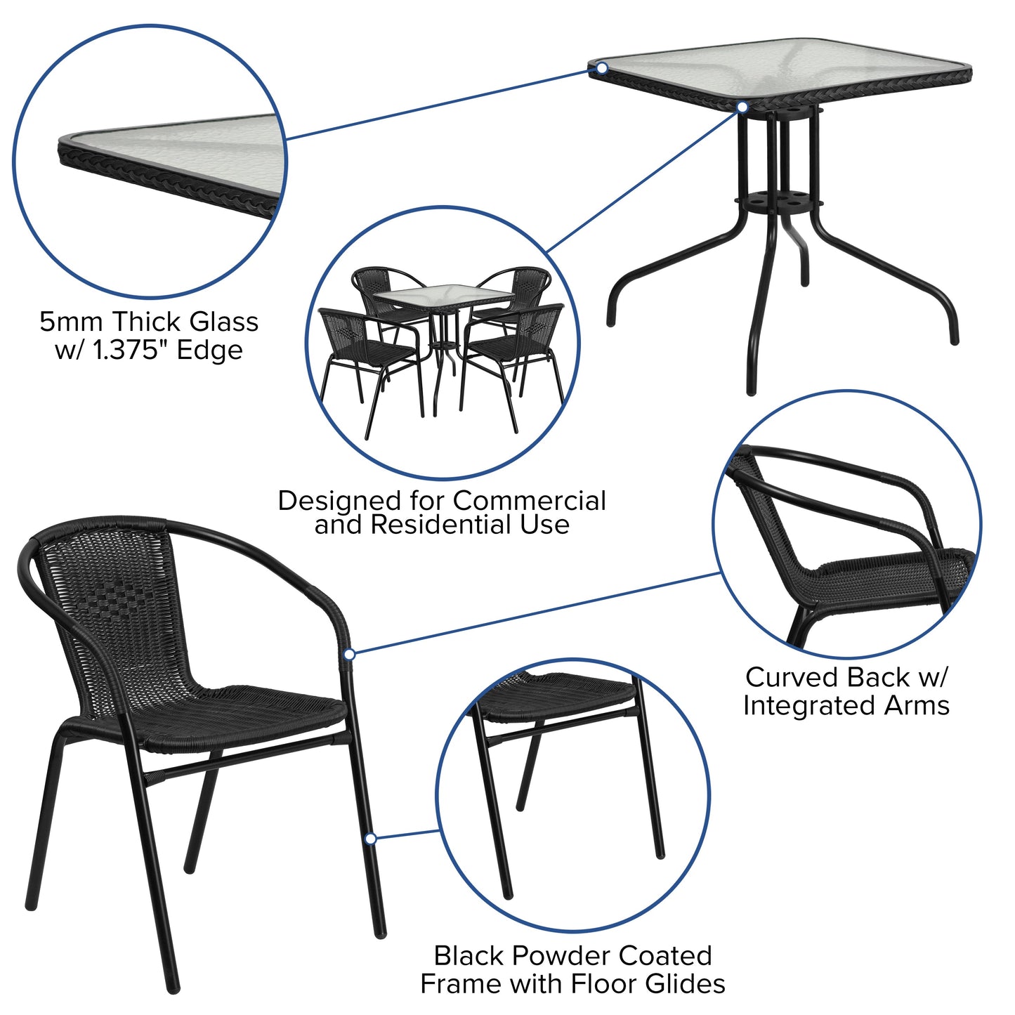 28SQ Black Table Set w/Rattan TLH-073SQ-037BK4-GG