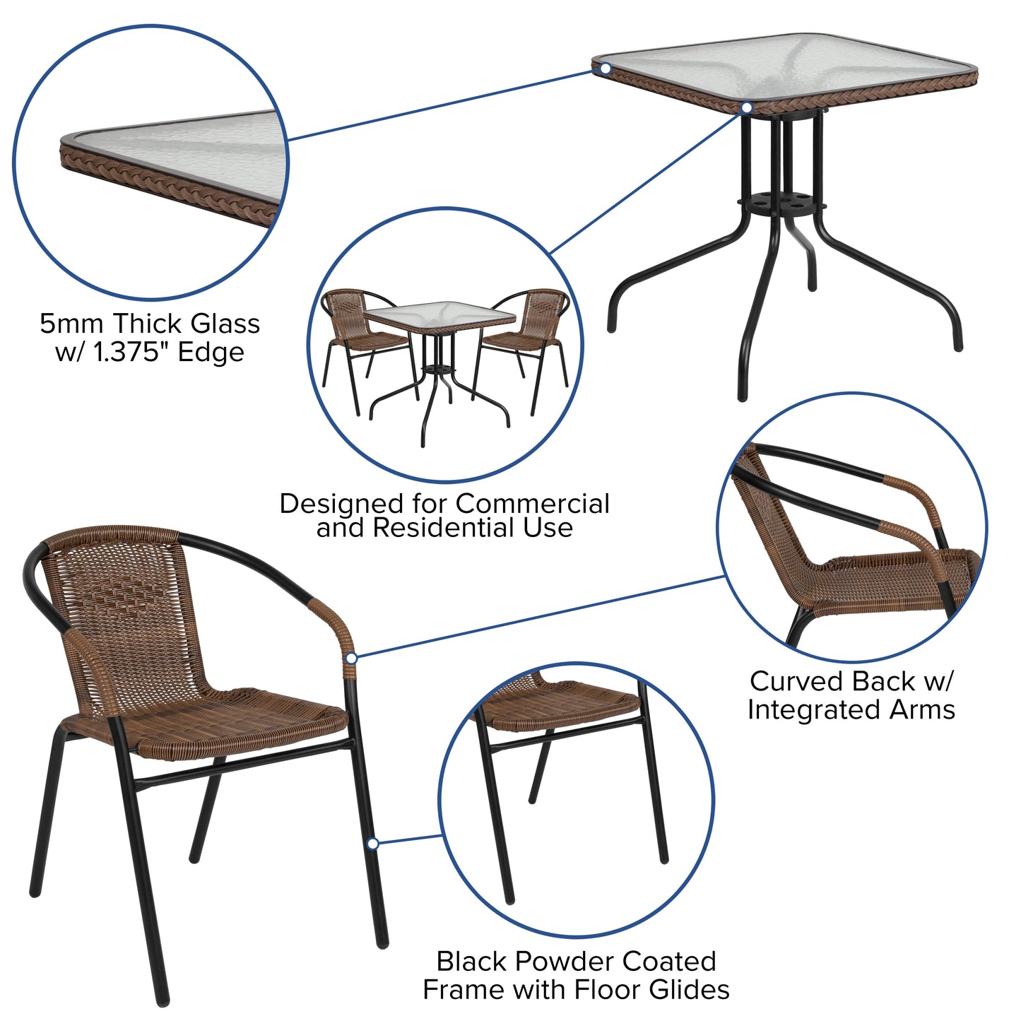 28SQ Brown Table Set w/Rattan TLH-073SQ-037BN2-GG