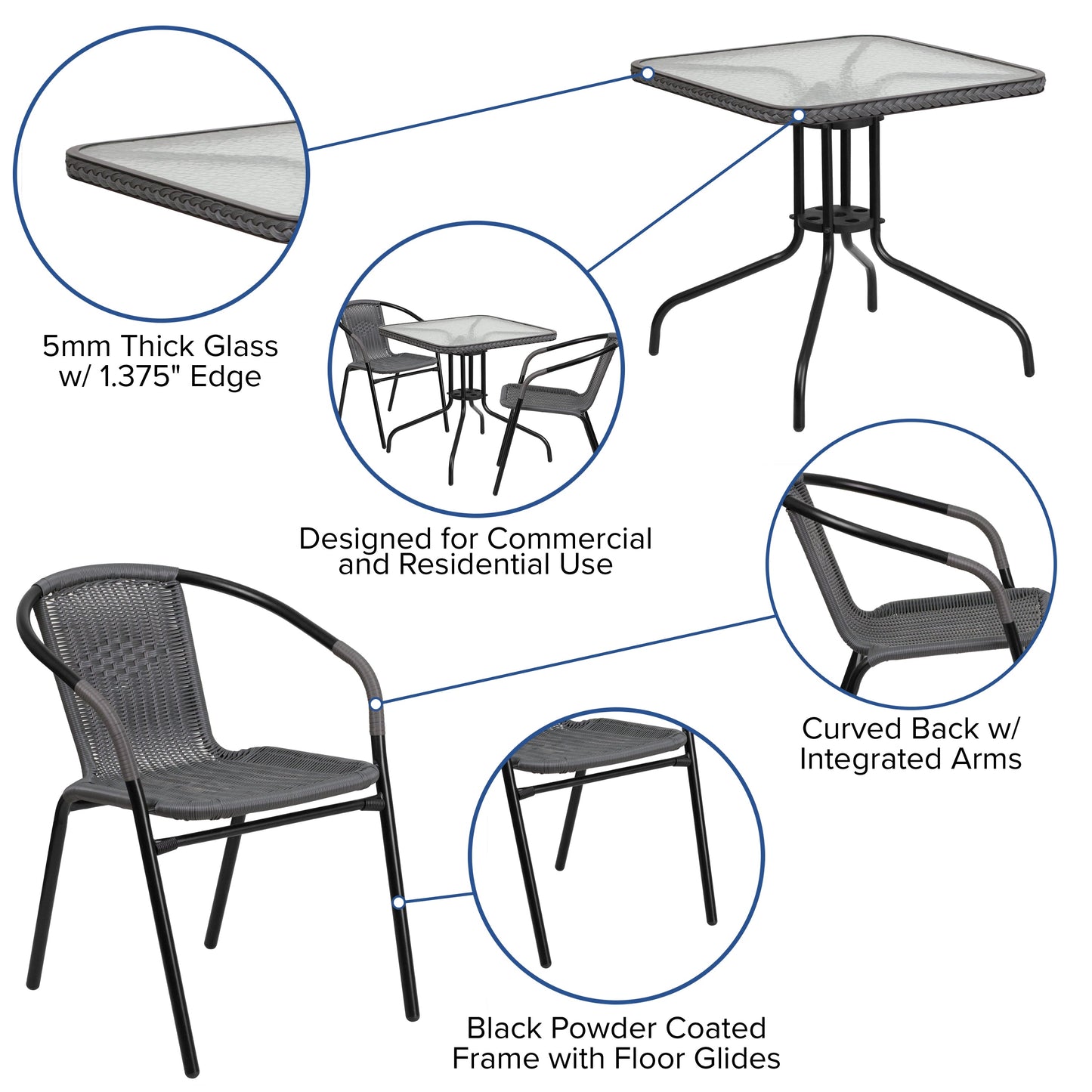 28SQ Gray Table Set w/Rattan TLH-073SQ-037GY2-GG