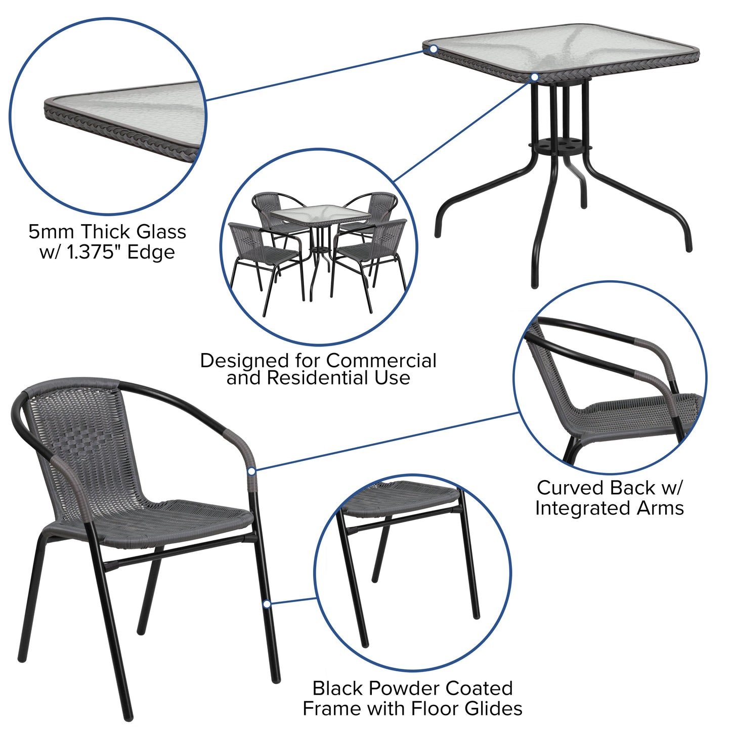 28SQ Gray Table Set w/Rattan TLH-073SQ-037GY4-GG