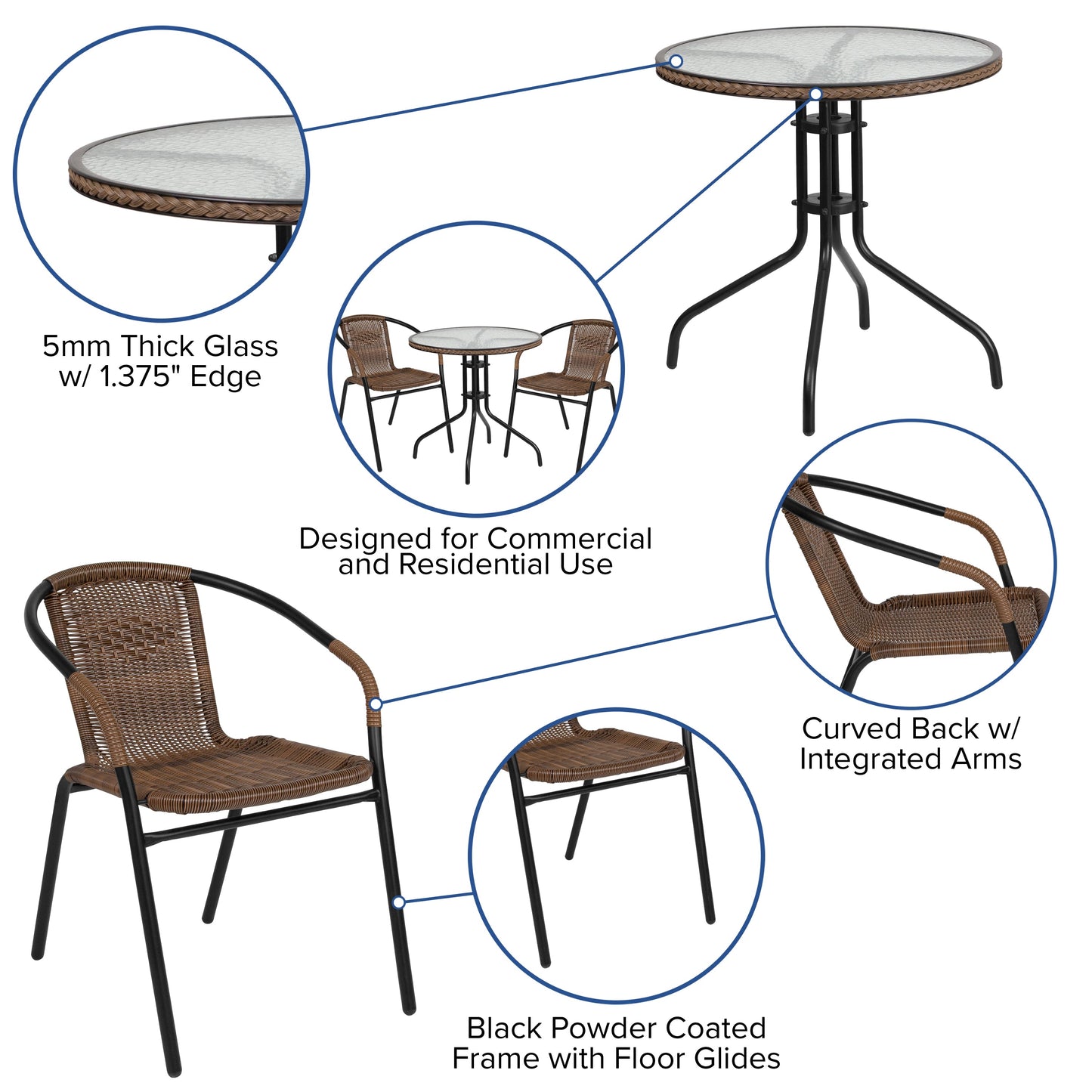 28RD Brown Table Set w/Rattan TLH-087RD-037BN2-GG