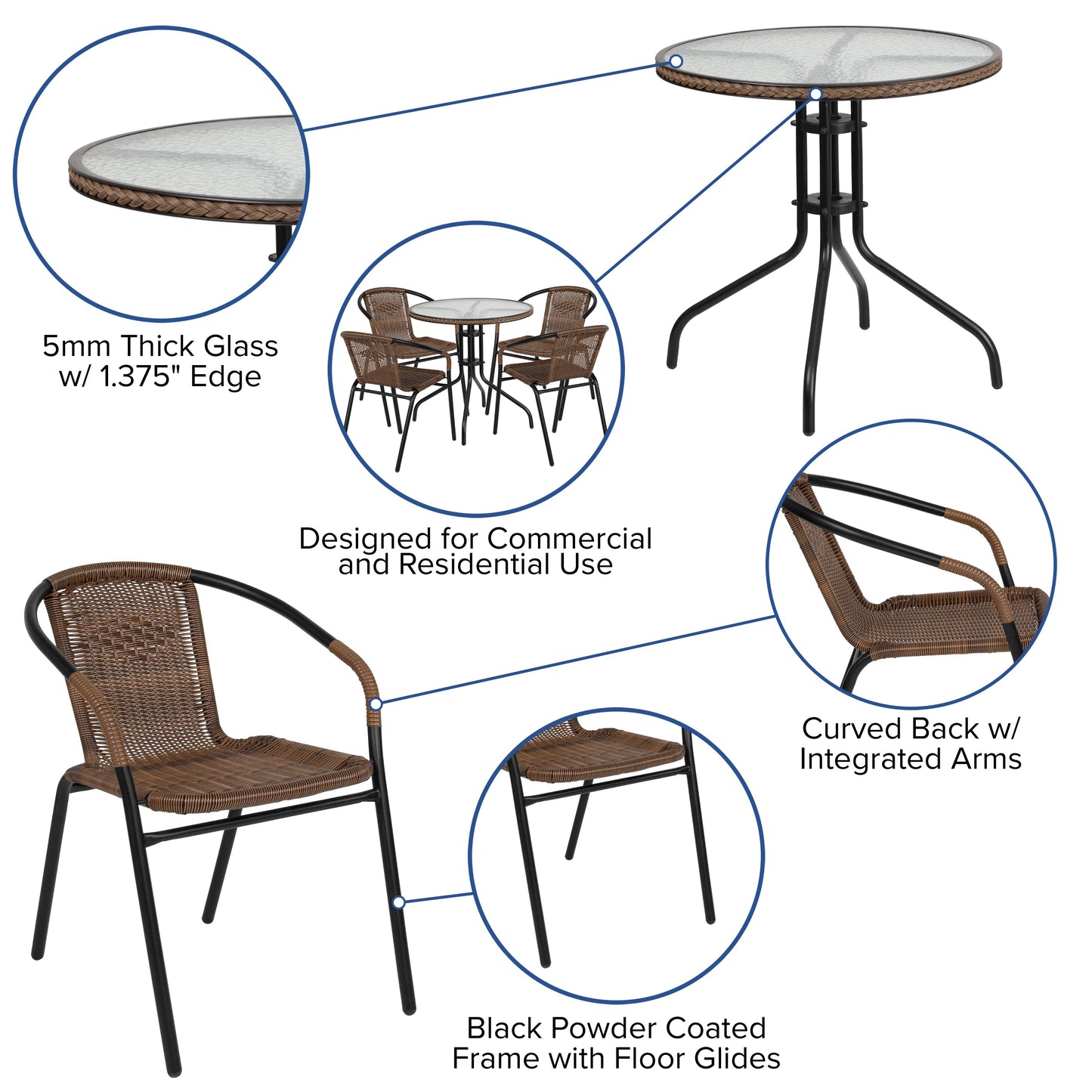 28RD Brown Table Set w/Rattan TLH-087RD-037BN4-GG