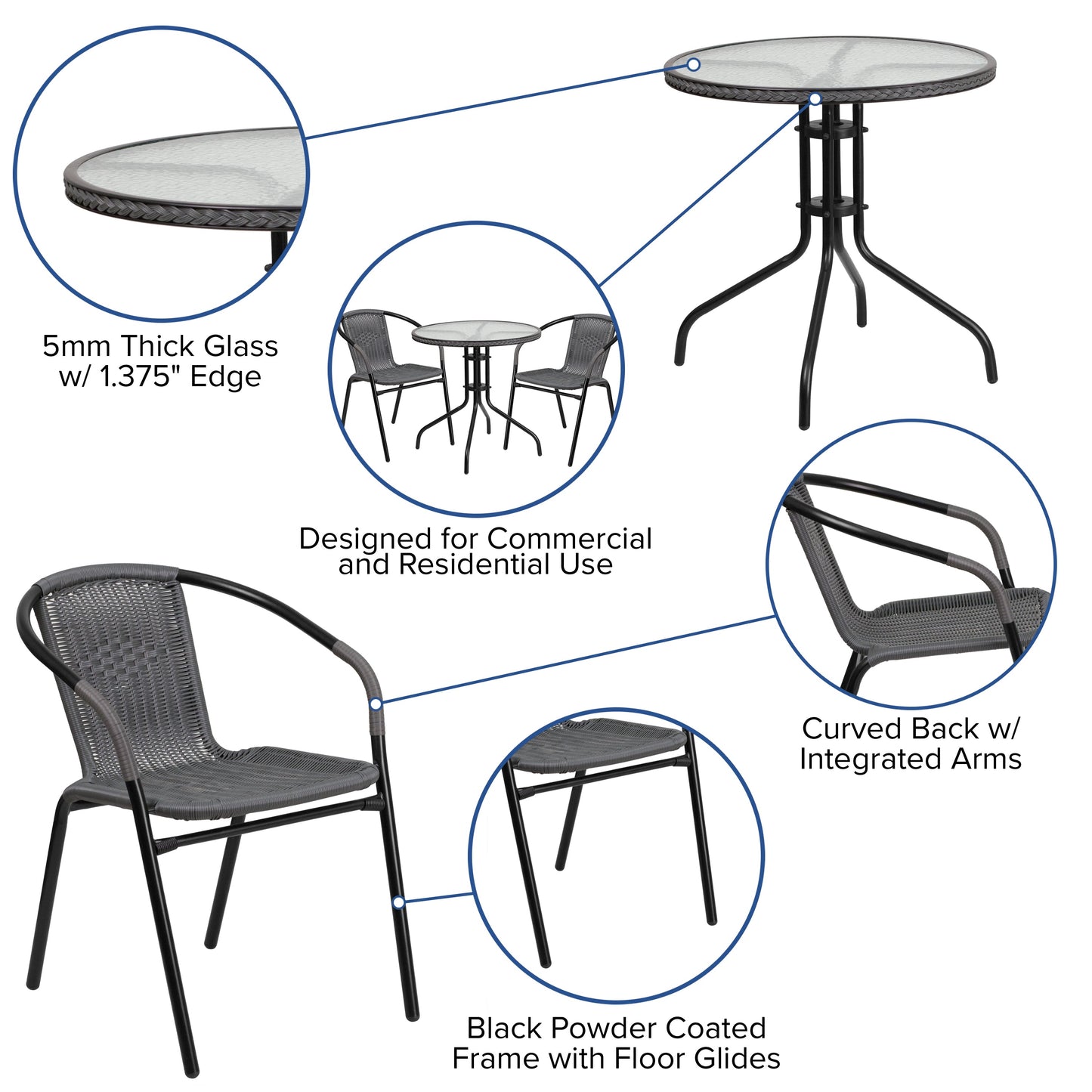 28RD Gray Table Set w/Rattan TLH-087RD-037GY2-GG